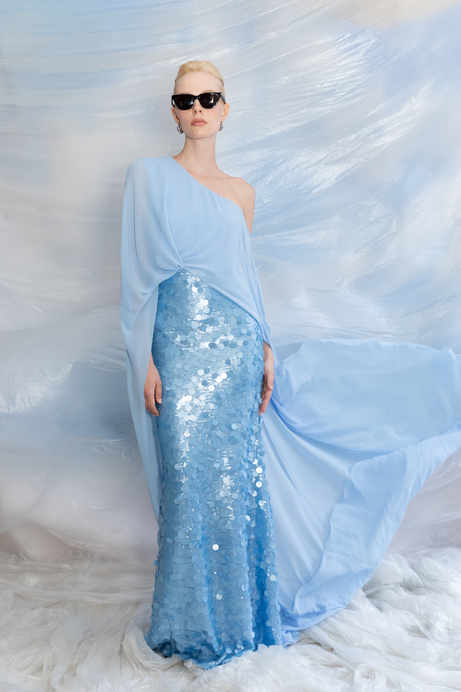 Chiffon and Sequin  Straight Cut Gown with One-Shoulder Cape