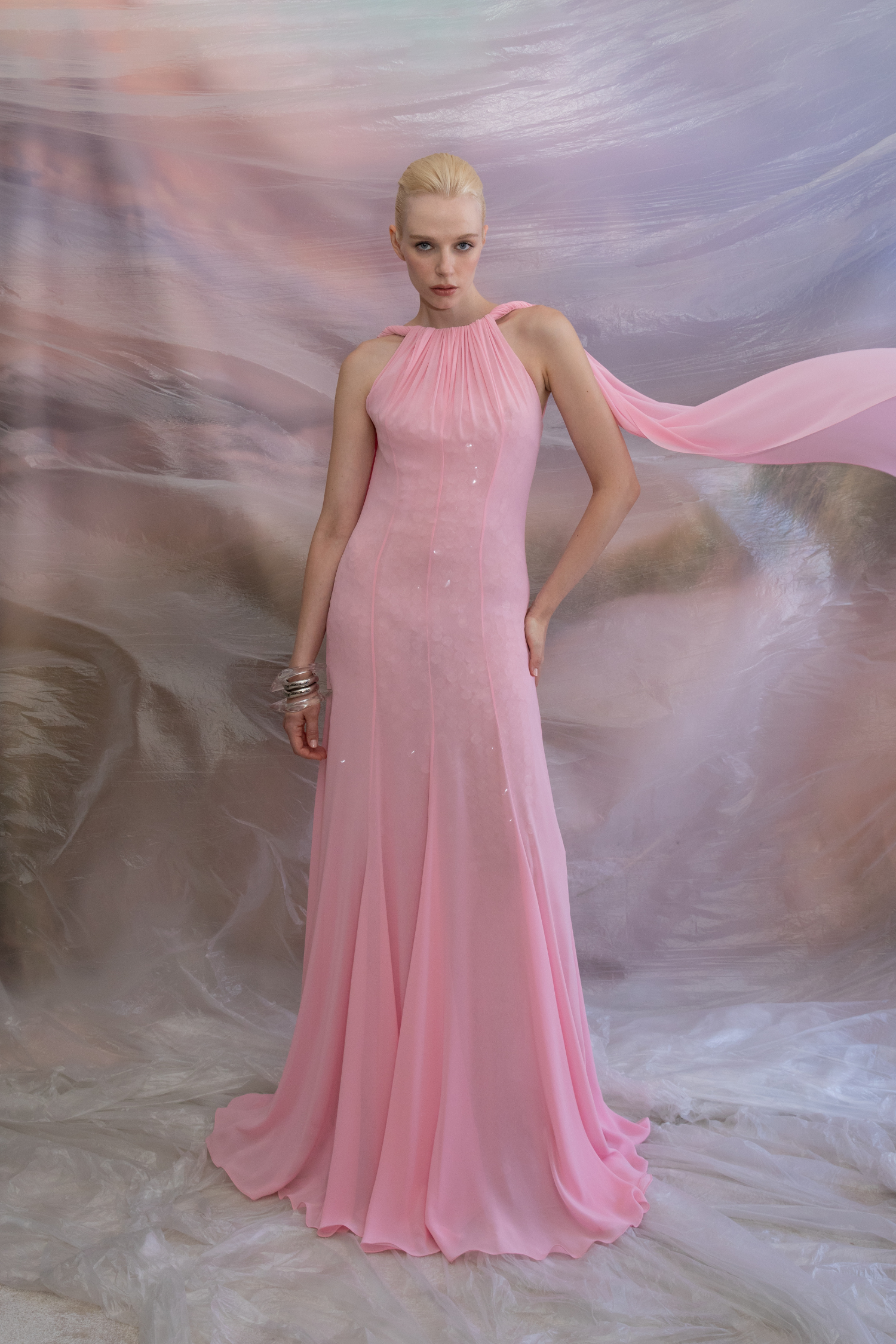 Chiffon and Transparent Mesh Sequin Layer Gown with Floor-Length