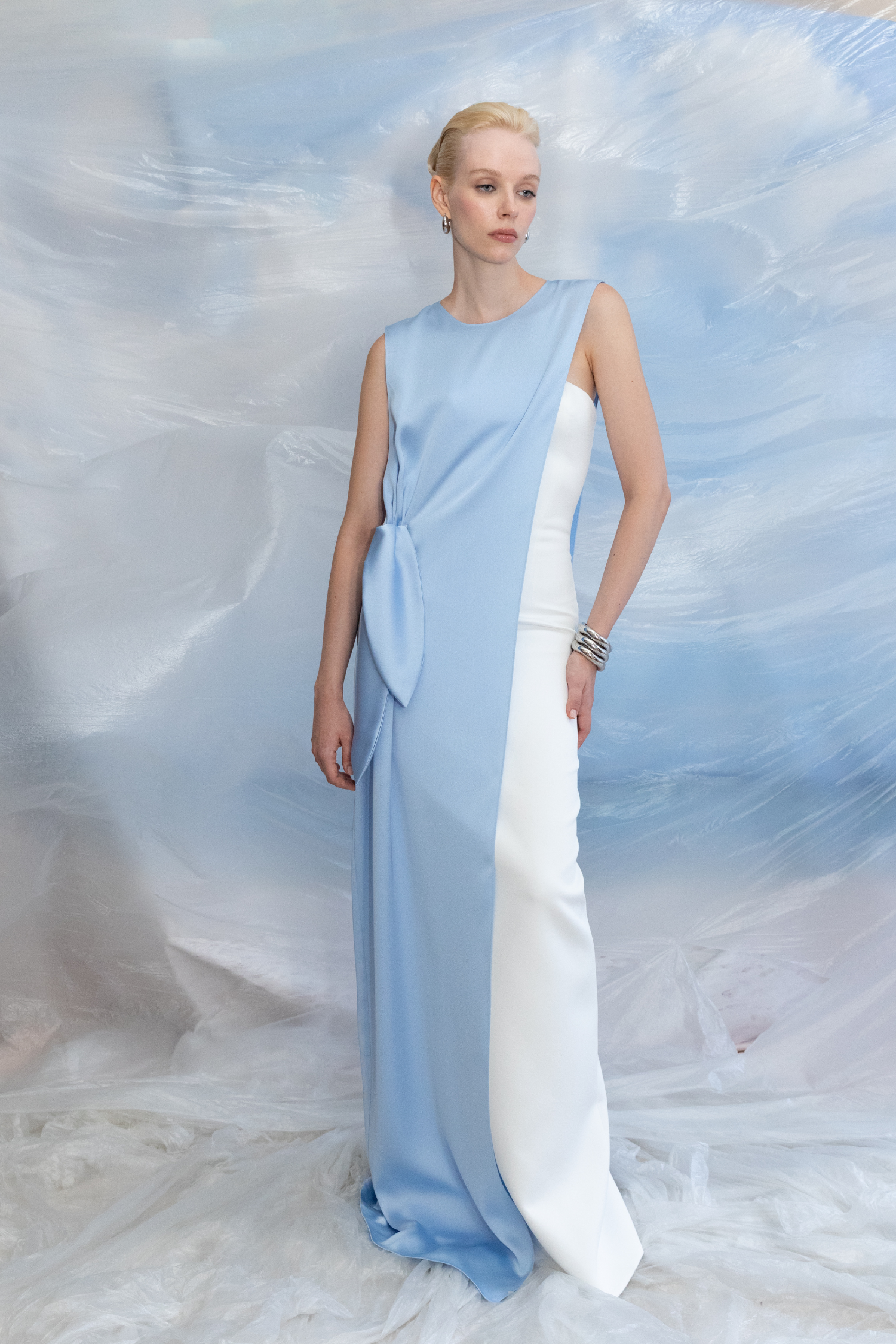 Crepe Two Layered Dress with Asymmetric Cut and Knot Detail from One Side