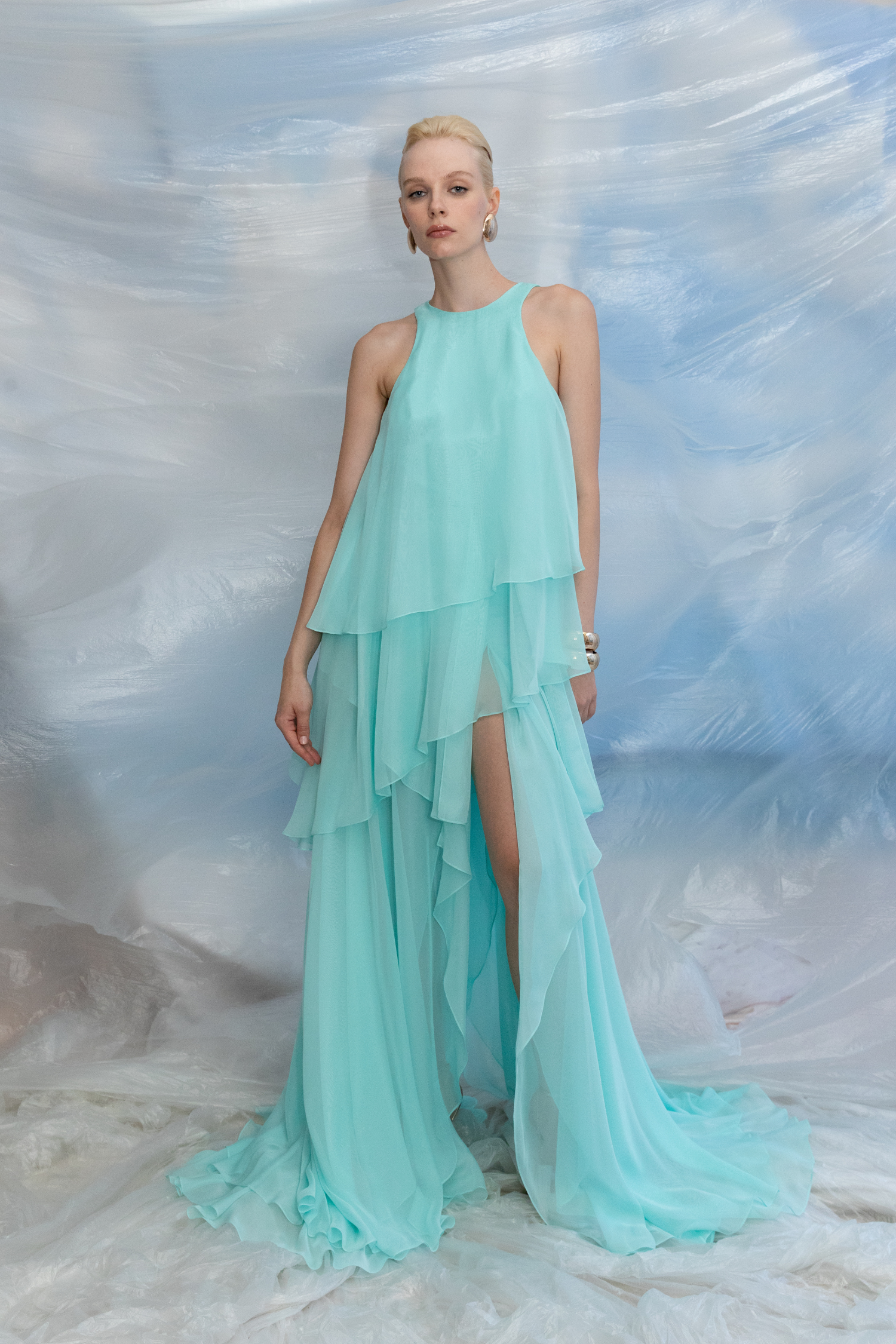 Asymmetrical Wide-Cut Chiffon Dress with Layered Design