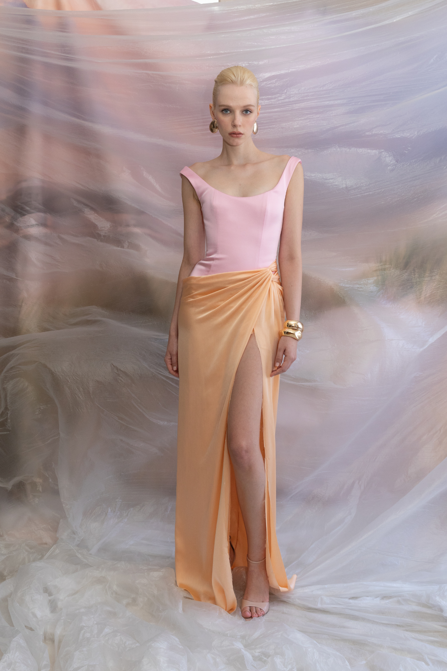 Satin Fitted Dress with Square Neck Top and Draped Skirt