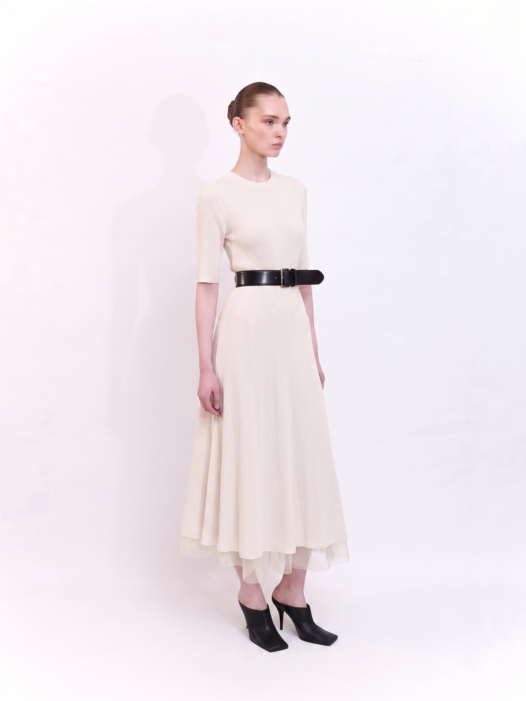 Soft Knit Midi Dress with Short Sleeves in Ecru