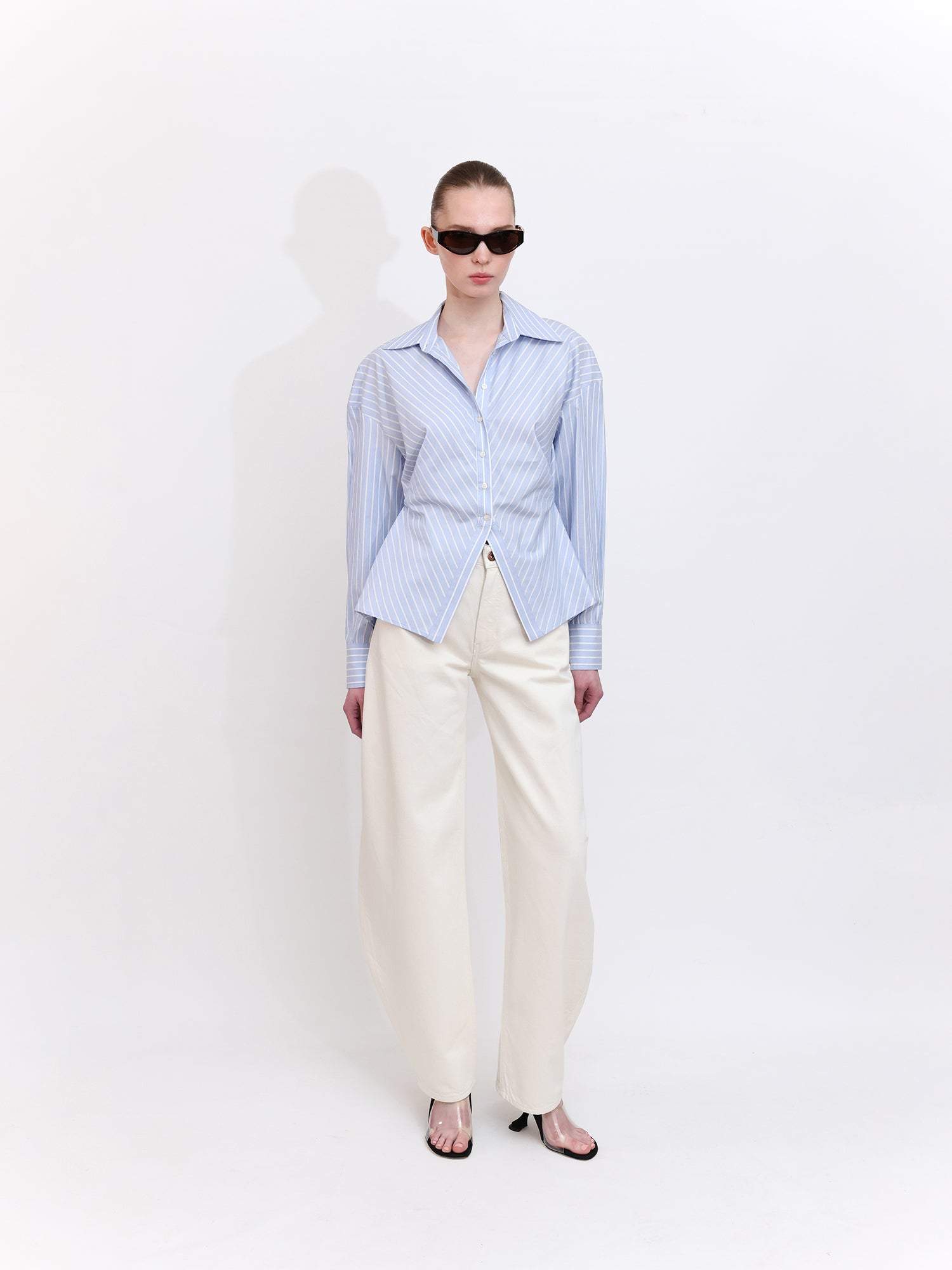 Fitted Blue Striped Shirt with Waist Detail