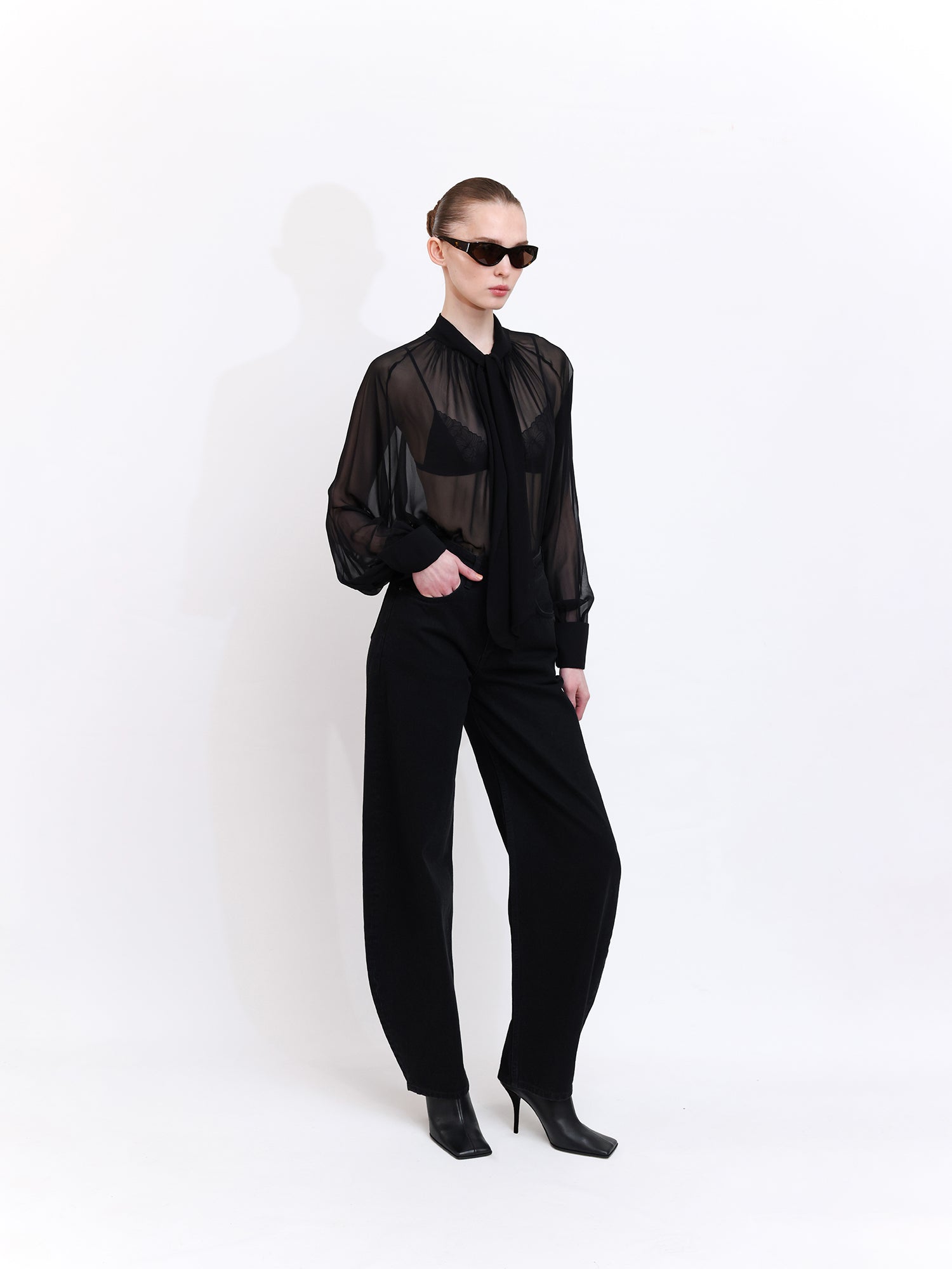 Black Chiffon Shirt with Bow Detail