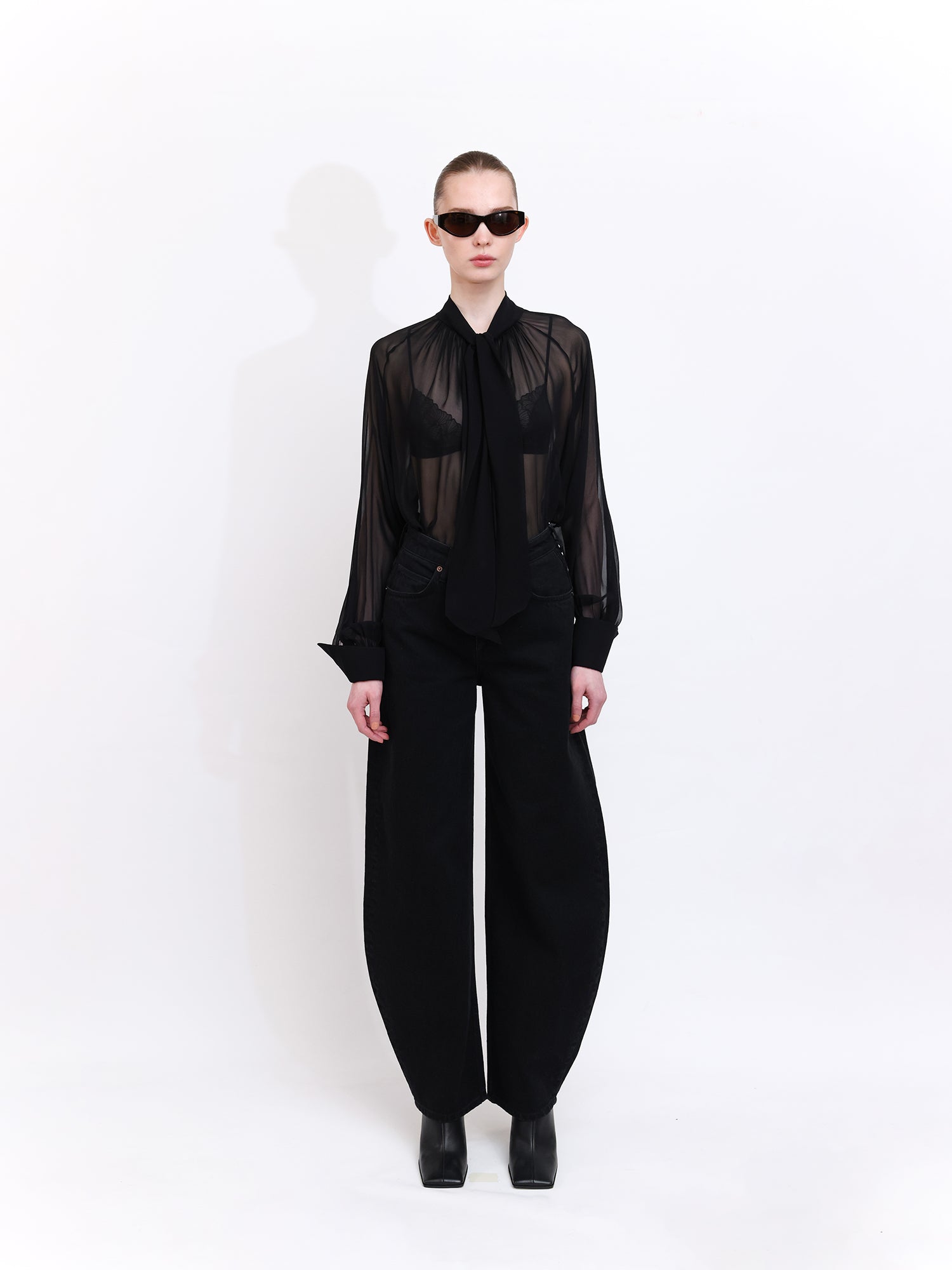 Black Chiffon Shirt with Bow Detail