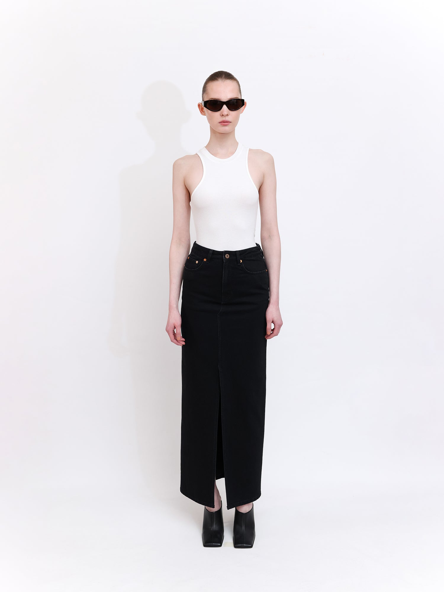 Black Straight-Cut Denim Skirt with Front Slit