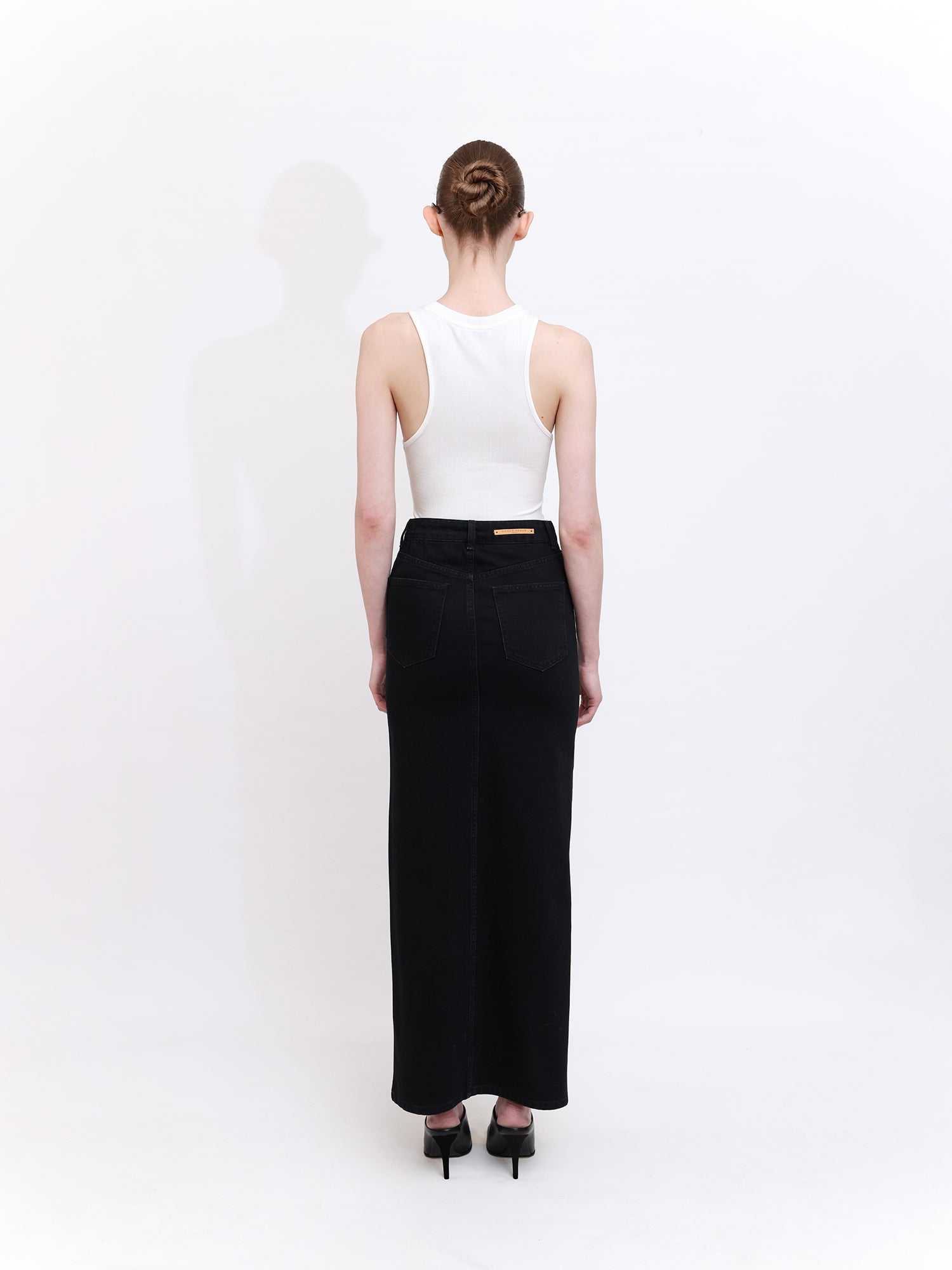 Black Straight-Cut Denim Skirt with Front Slit
