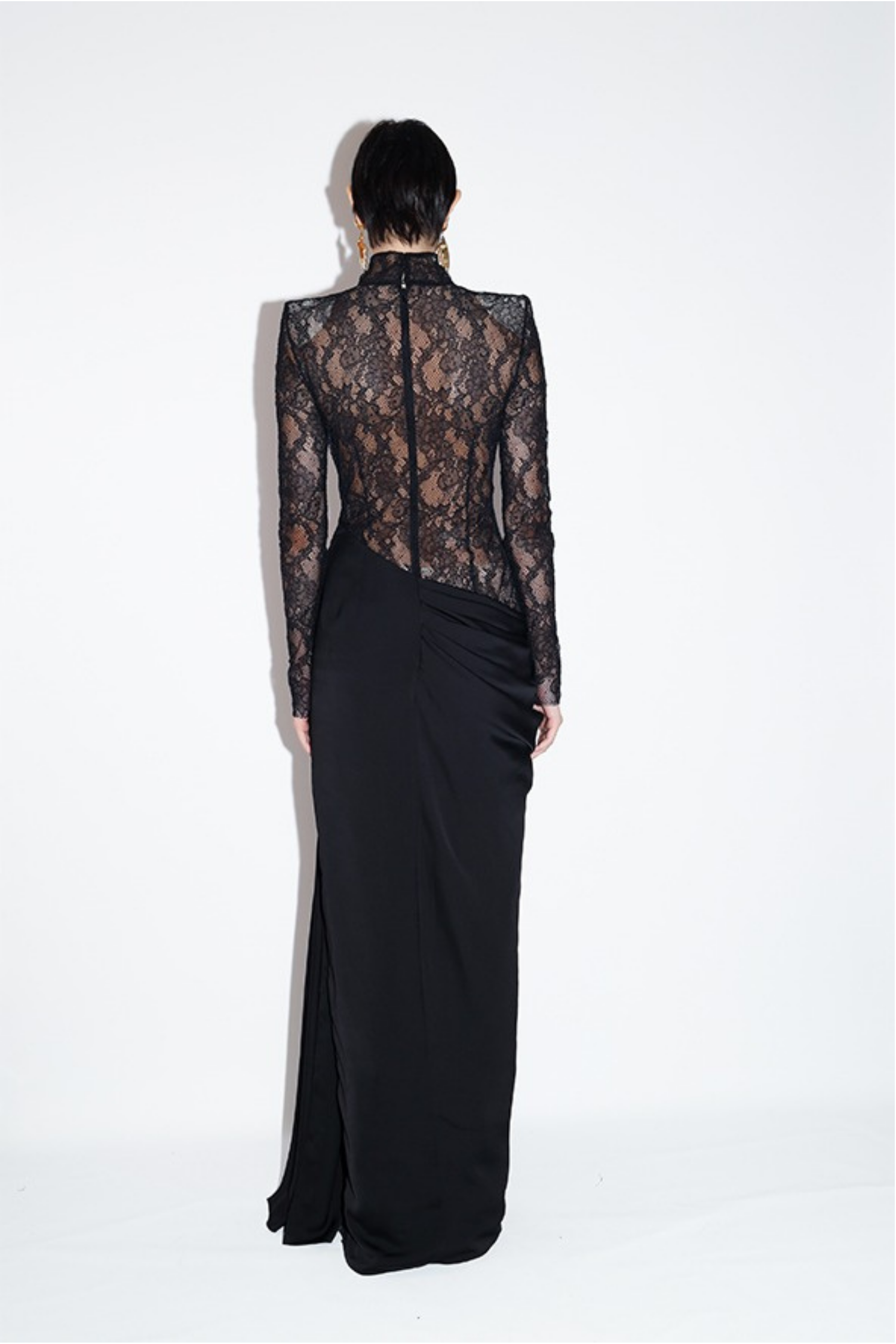 Turtleneck Long-Sleeve Lace Gown