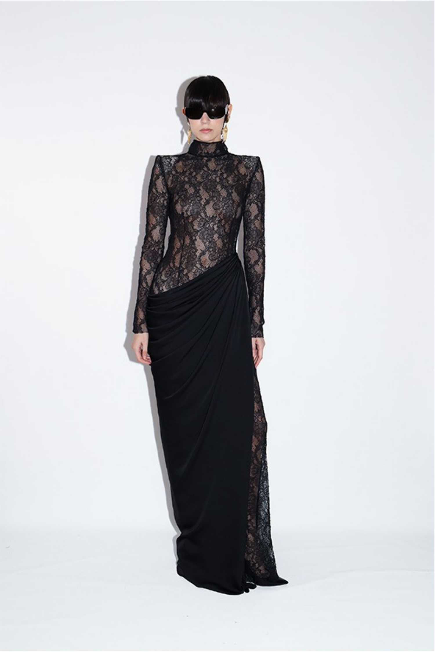 Turtleneck Long-Sleeve Lace Gown