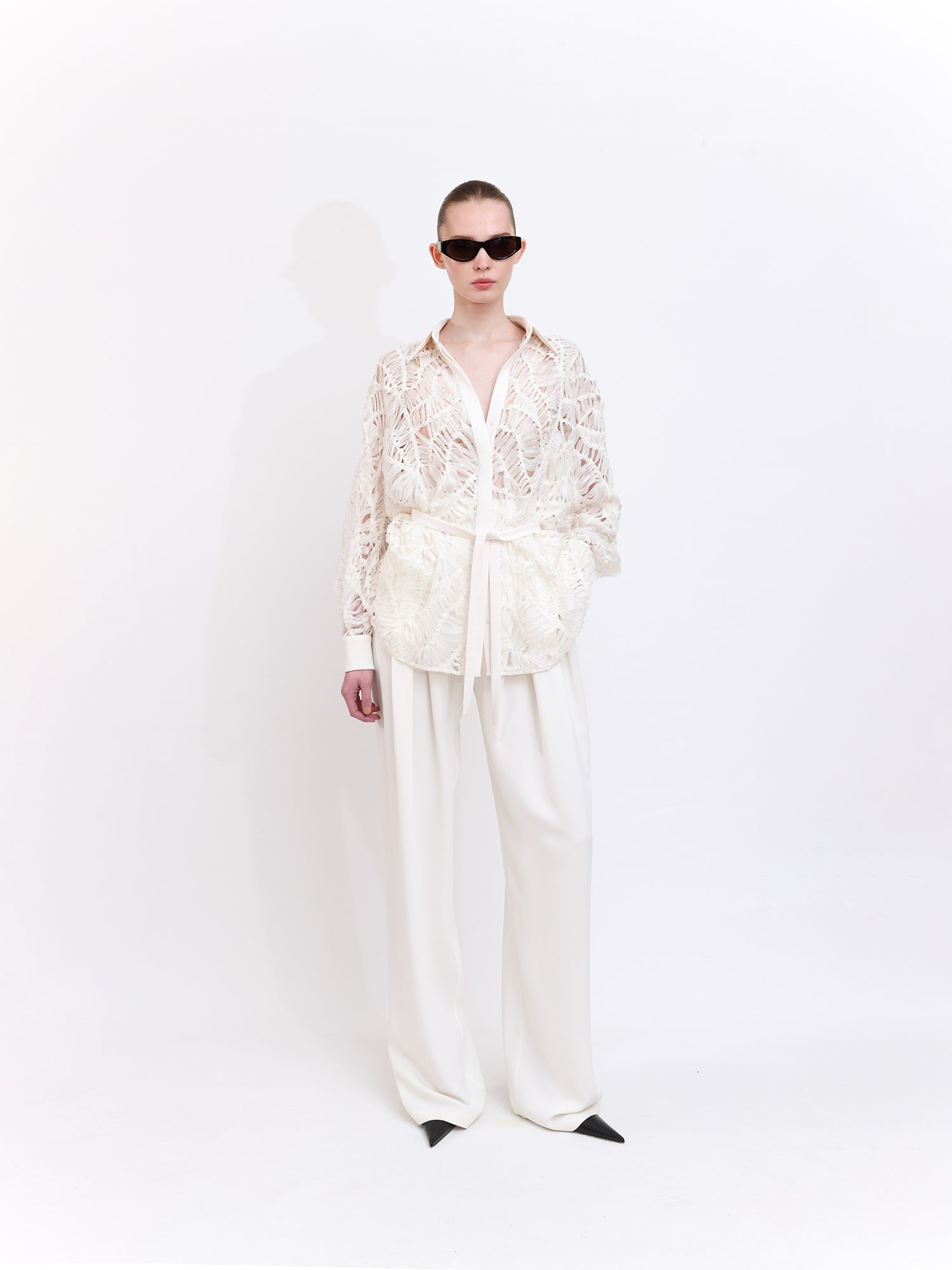 Wide-Leg Pleated Front Trousers in Ecru