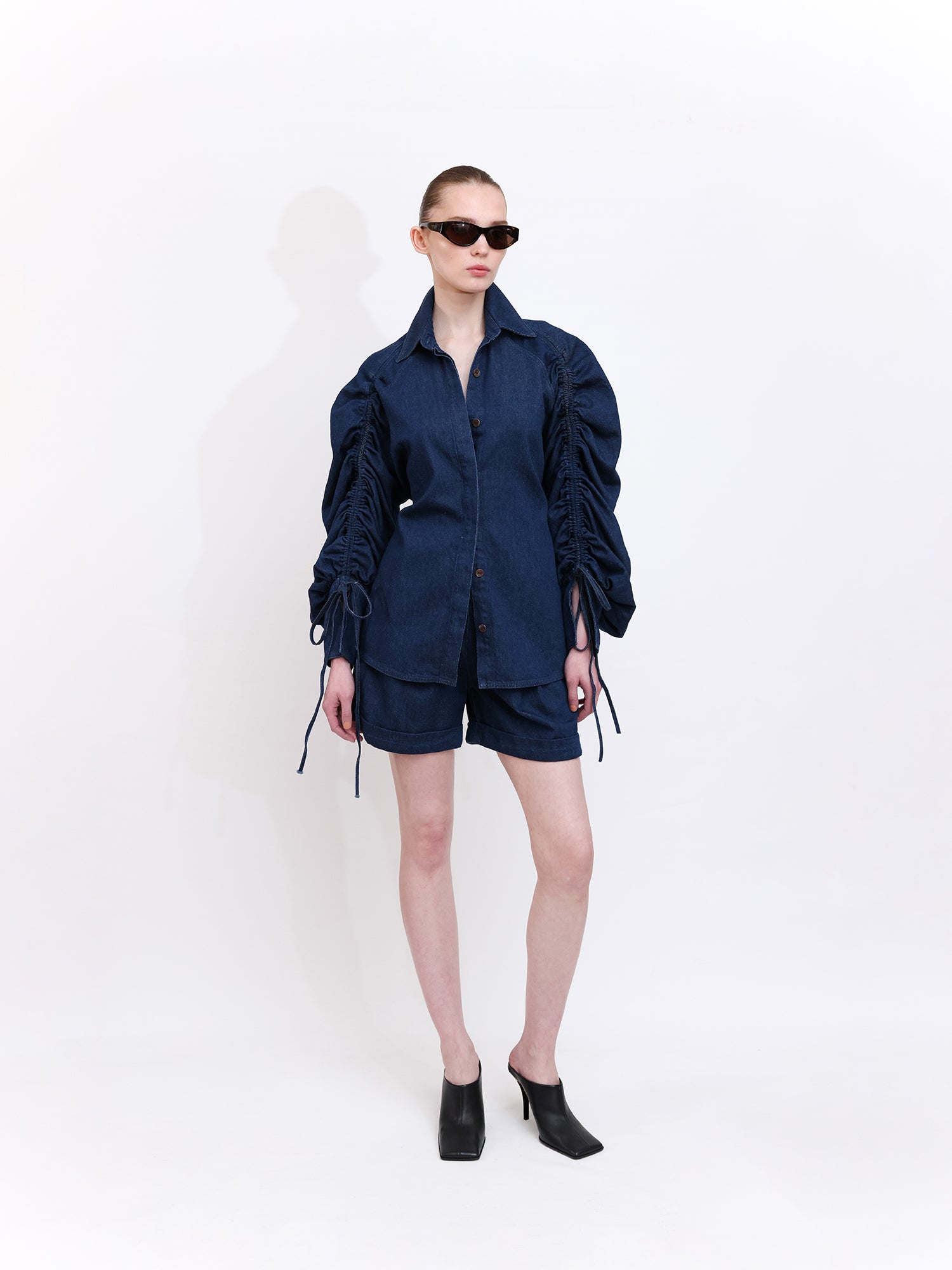 Linen Denim Shirt with Adjustable Drawstring Sleeves