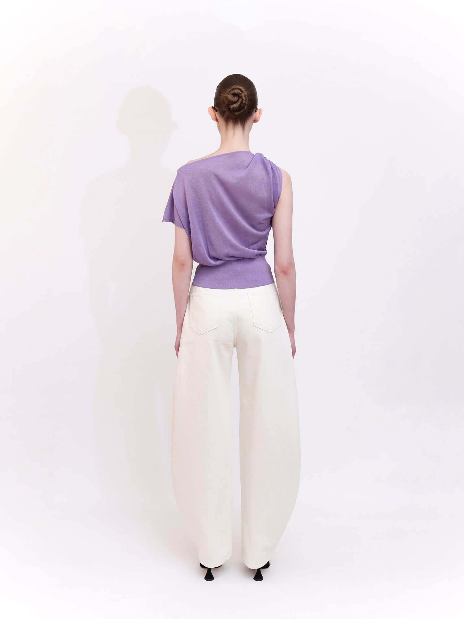 Soft Knit Top With Asymmetric Shoulder Accessory Detail in Purple