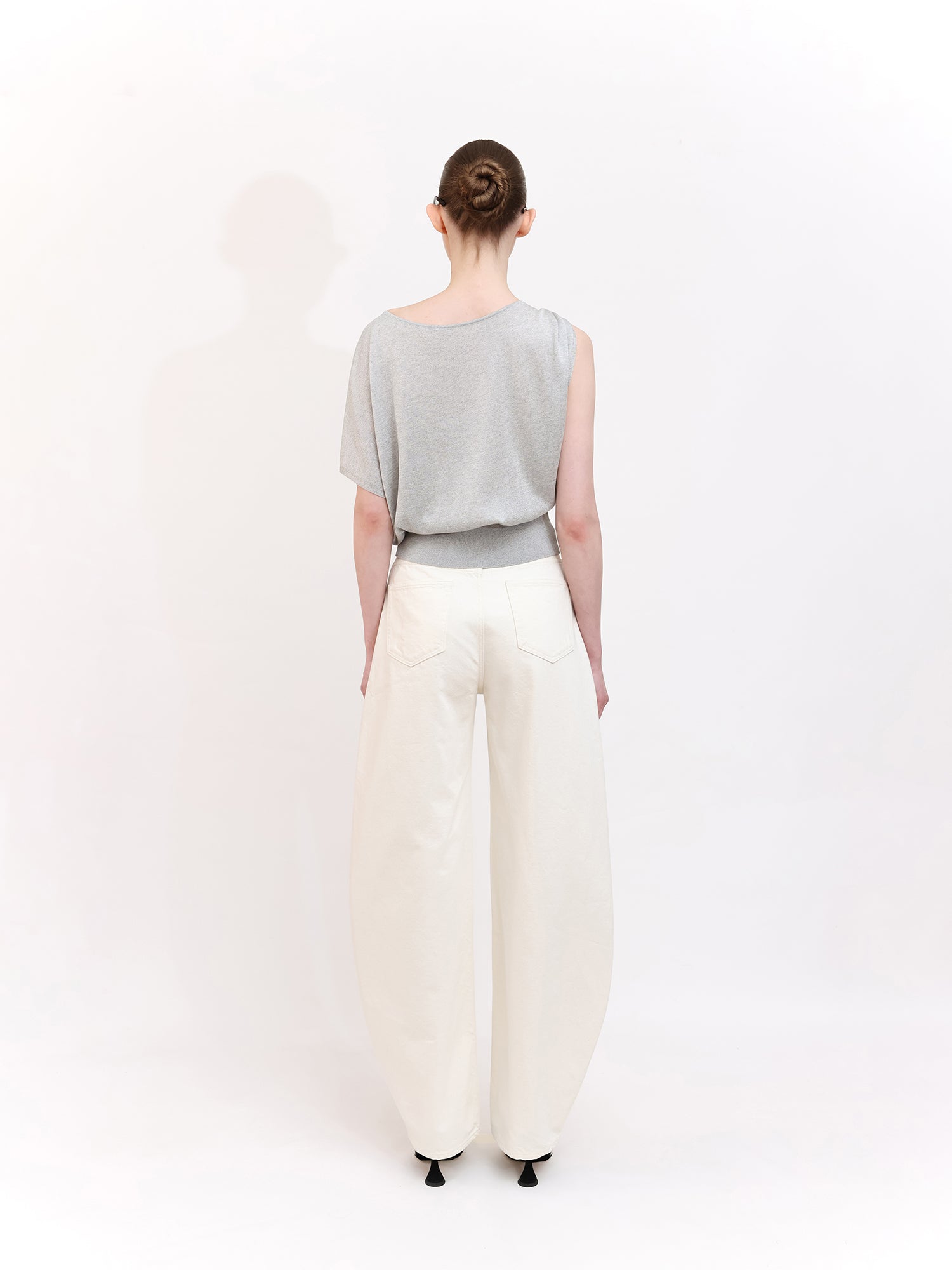 Soft Knit Top With Asymmetric Shoulder Accessory Detail in Grey