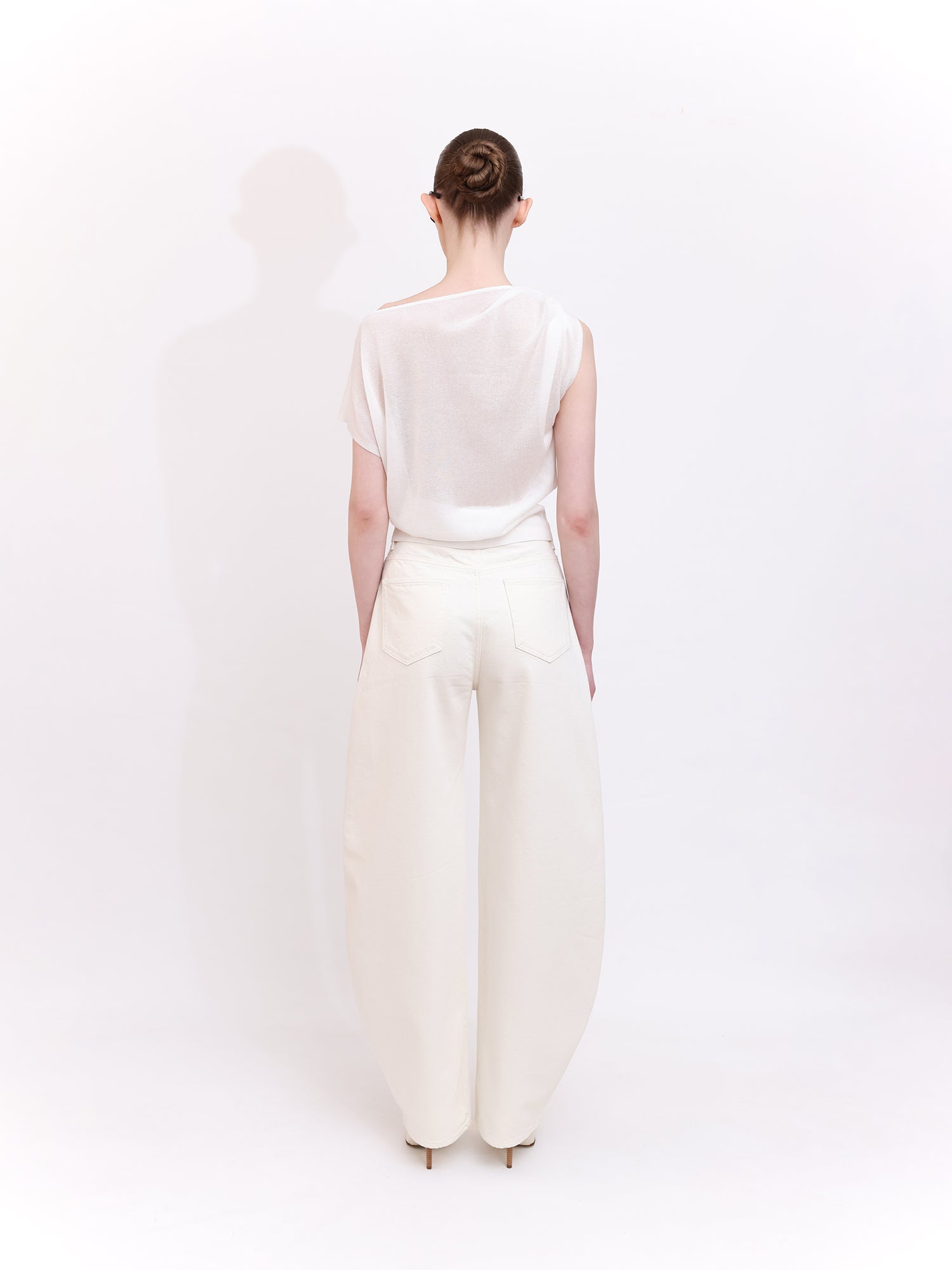 Soft Knit Top With Asymmetric Shoulder Accessory Detail in Ecru