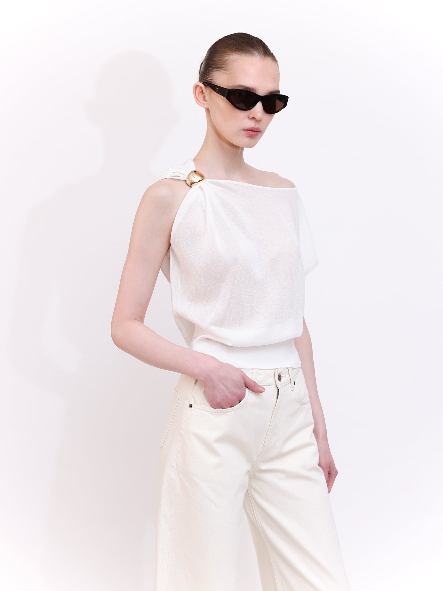 Soft Knit Top With Asymmetric Shoulder Accessory Detail in Ecru
