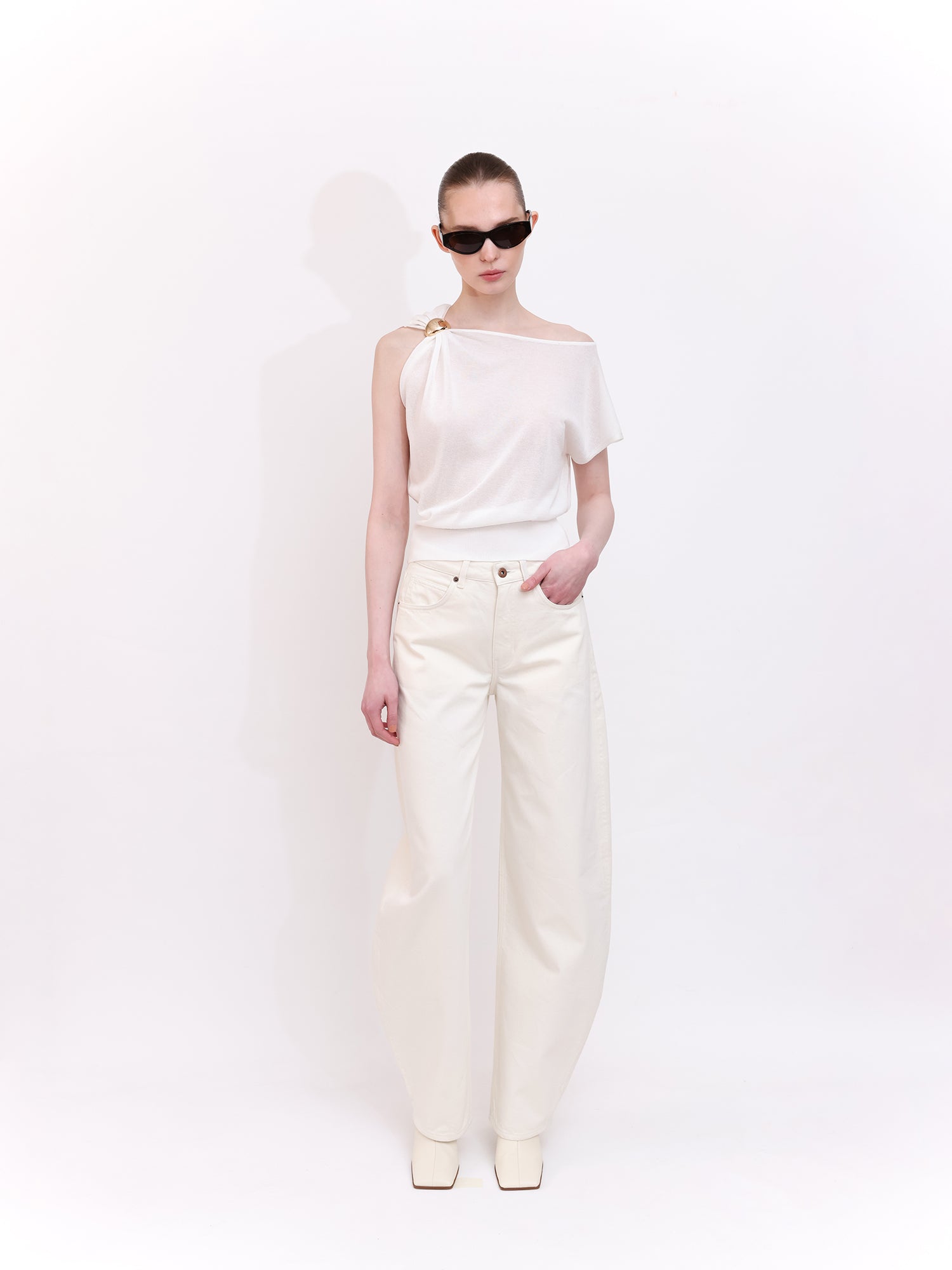 Soft Knit Top With Asymmetric Shoulder Accessory Detail in Ecru