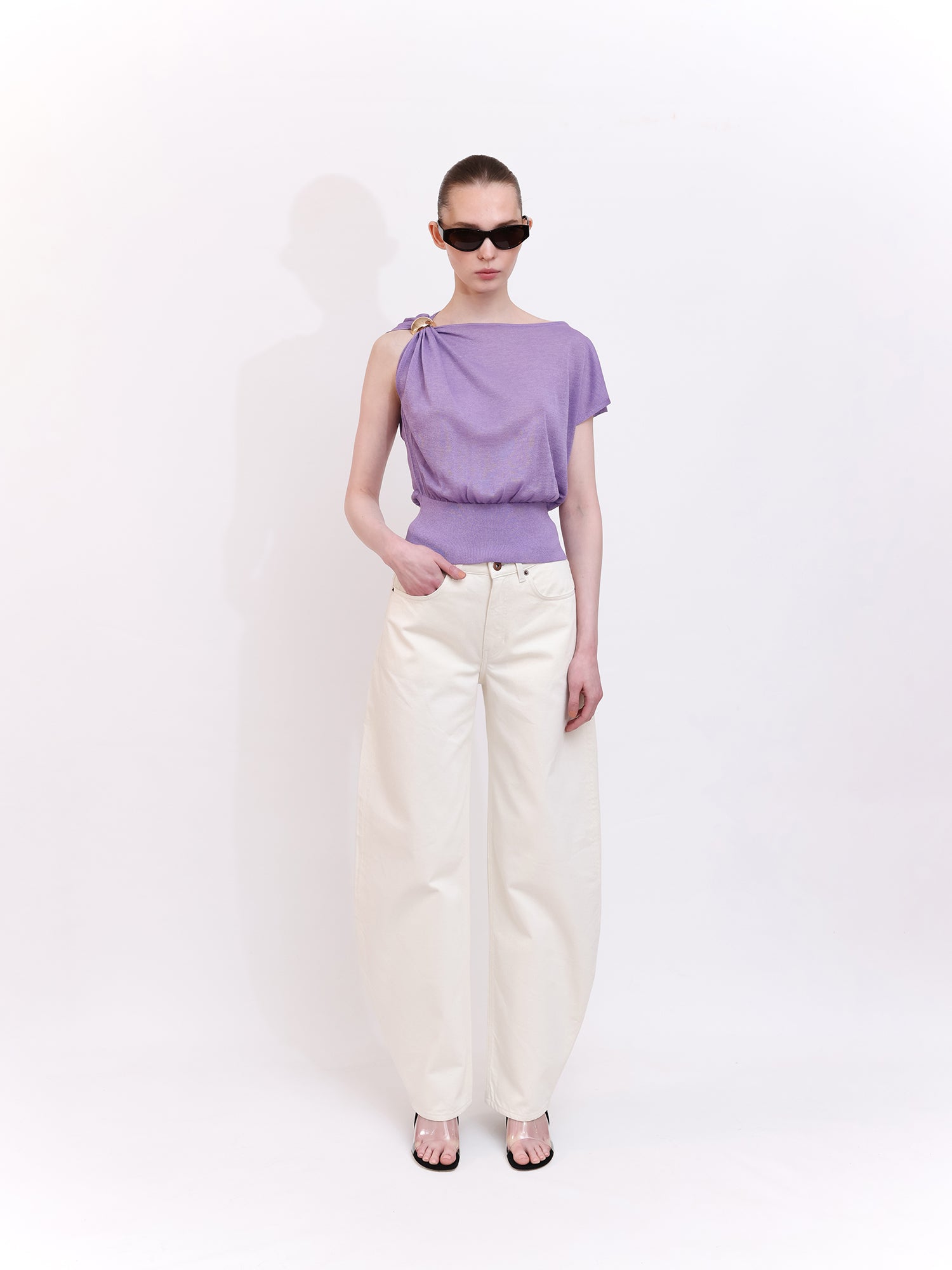 Soft Knit Top With Asymmetric Shoulder Accessory Detail in Purple