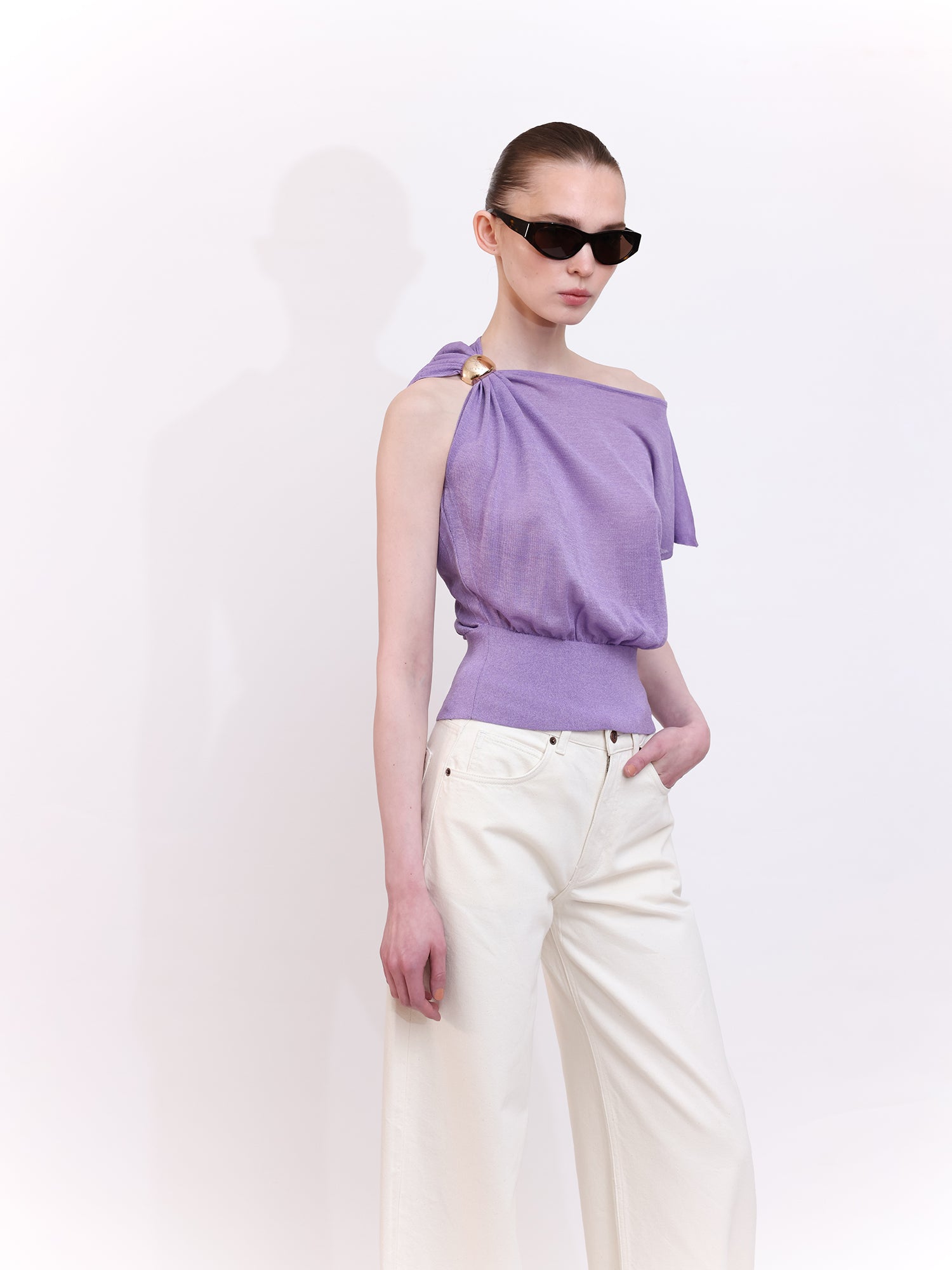 Soft Knit Top With Asymmetric Shoulder Accessory Detail in Purple