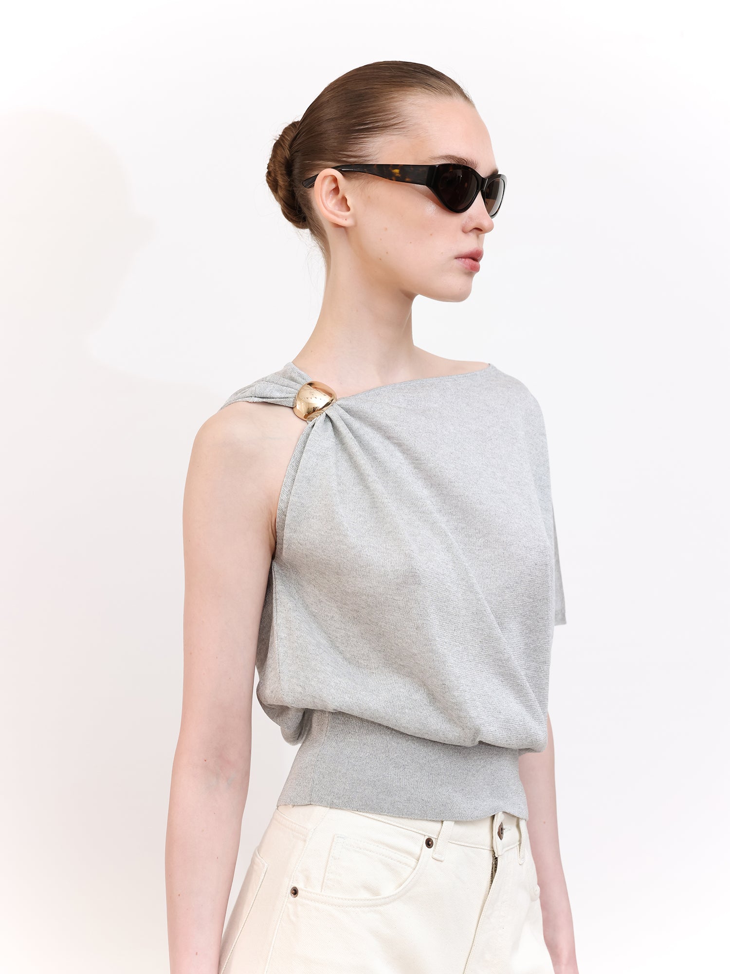 Soft Knit Top With Asymmetric Shoulder Accessory Detail in Grey