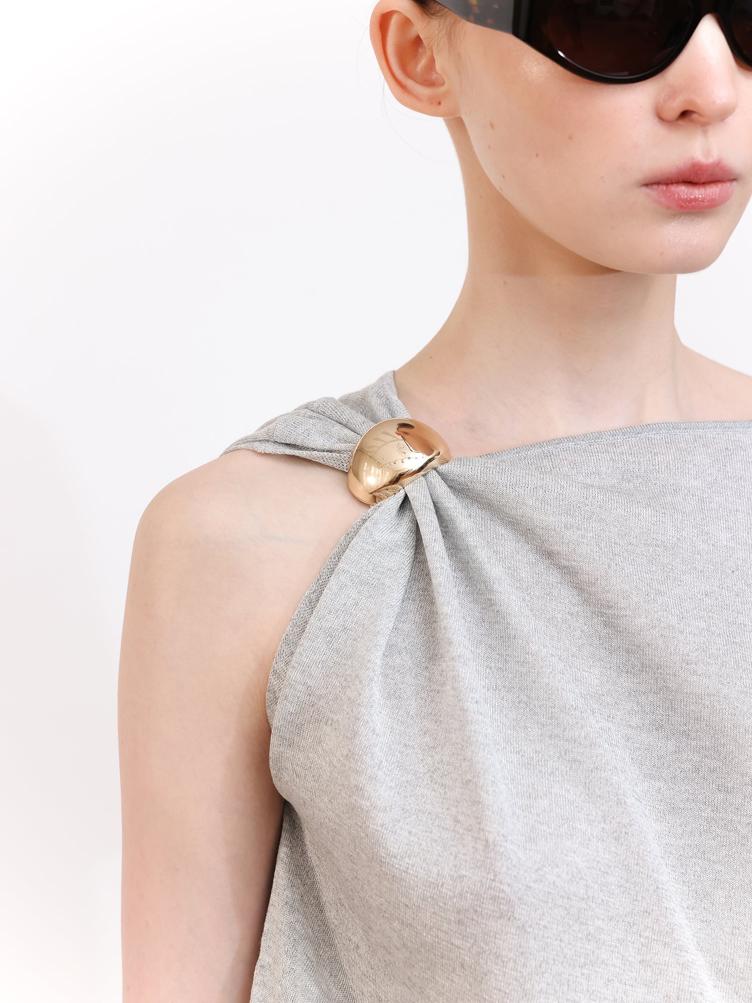 Soft Knit Top With Asymmetric Shoulder Accessory Detail in Grey