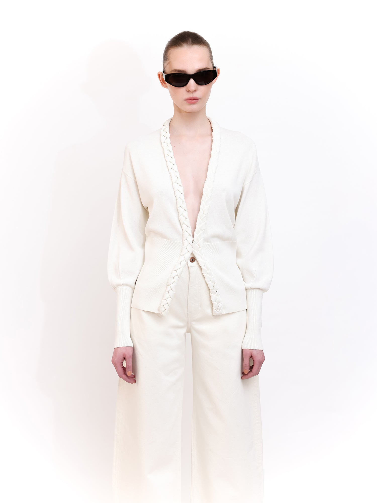 Soft Knit Cardigan With Braid Trim in Ecru