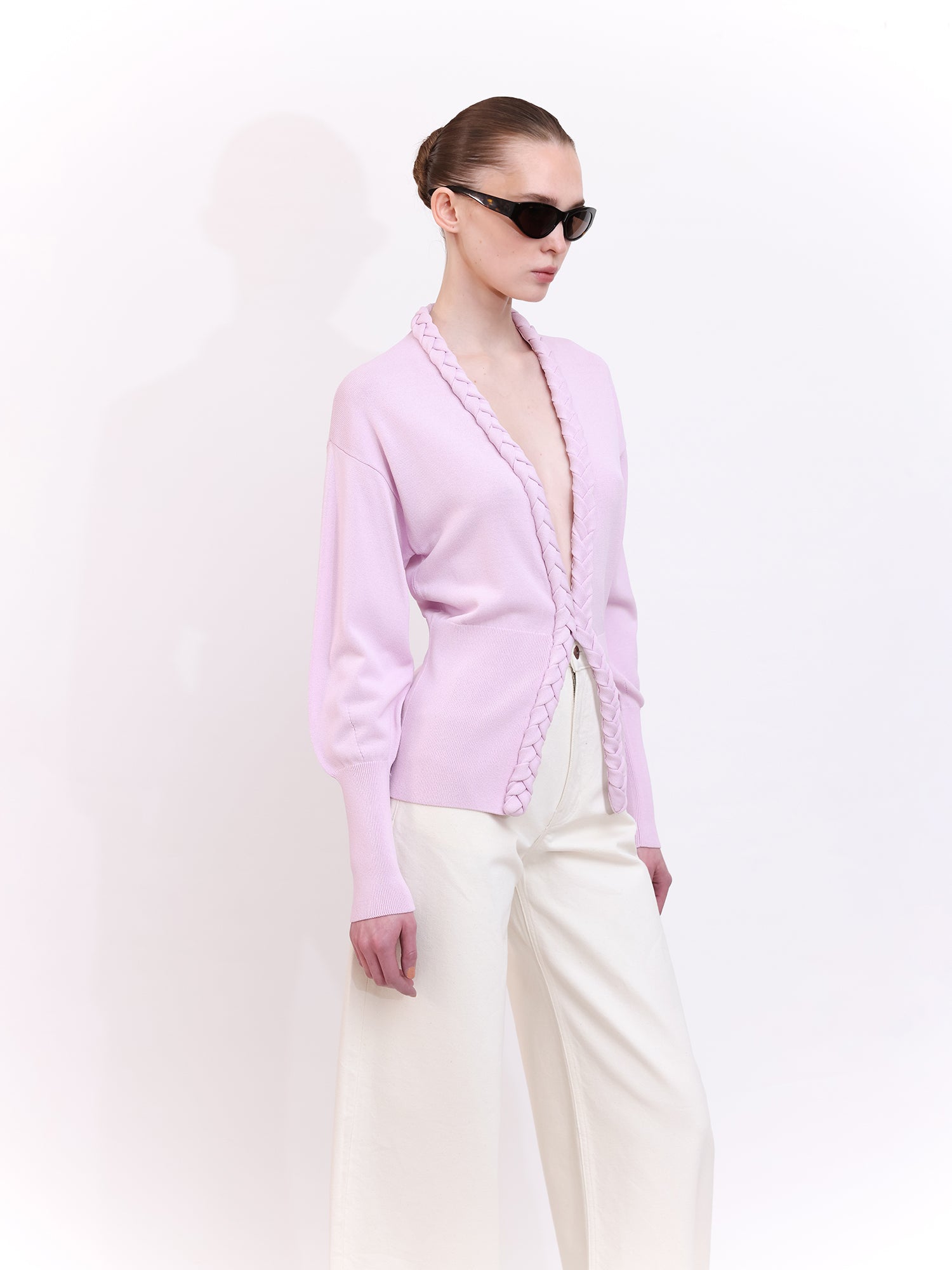 Soft Knit Cardigan With Braid Trim in Lavender