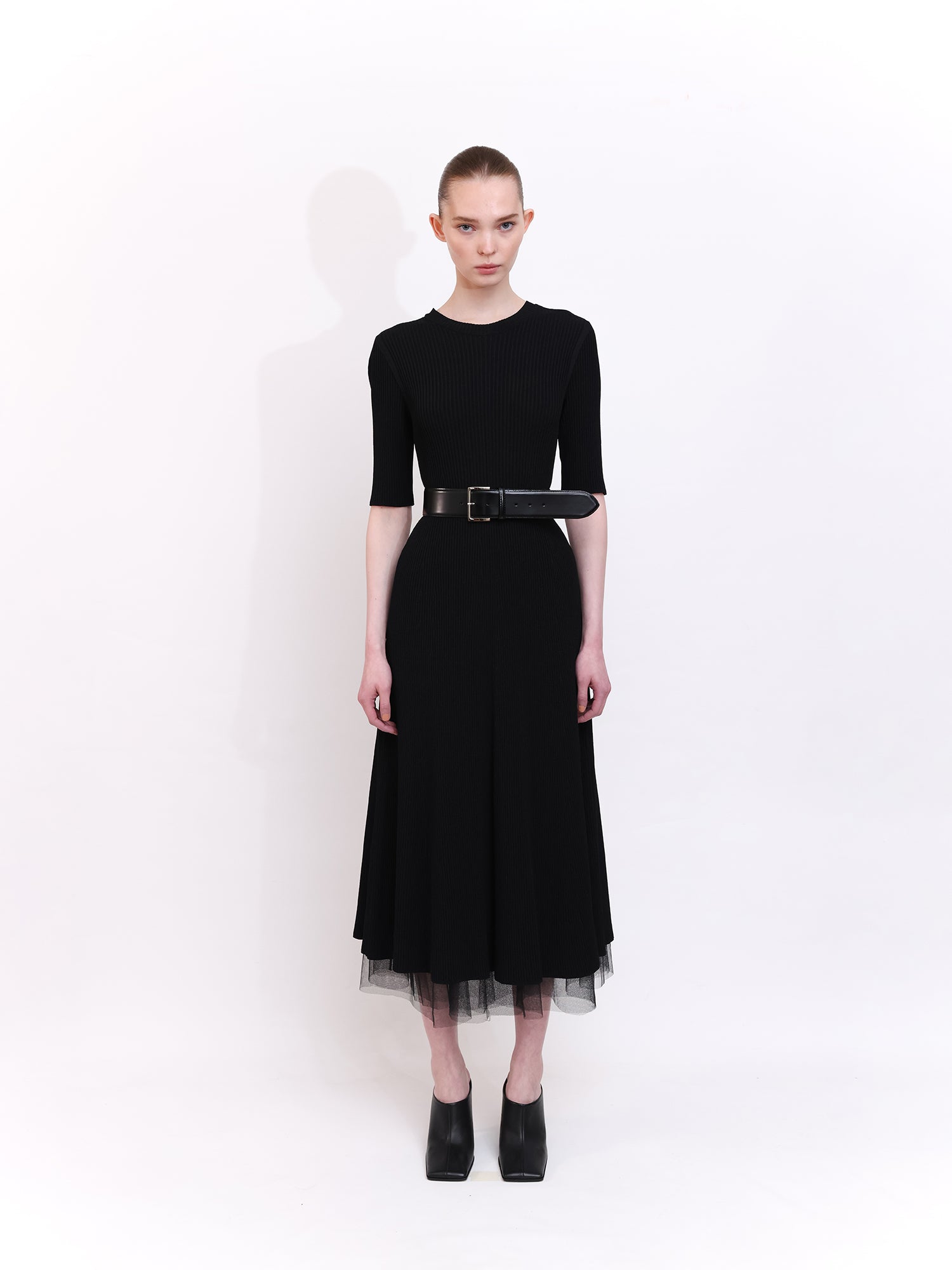 Soft Knit Midi Dress with Short Sleeves in Black