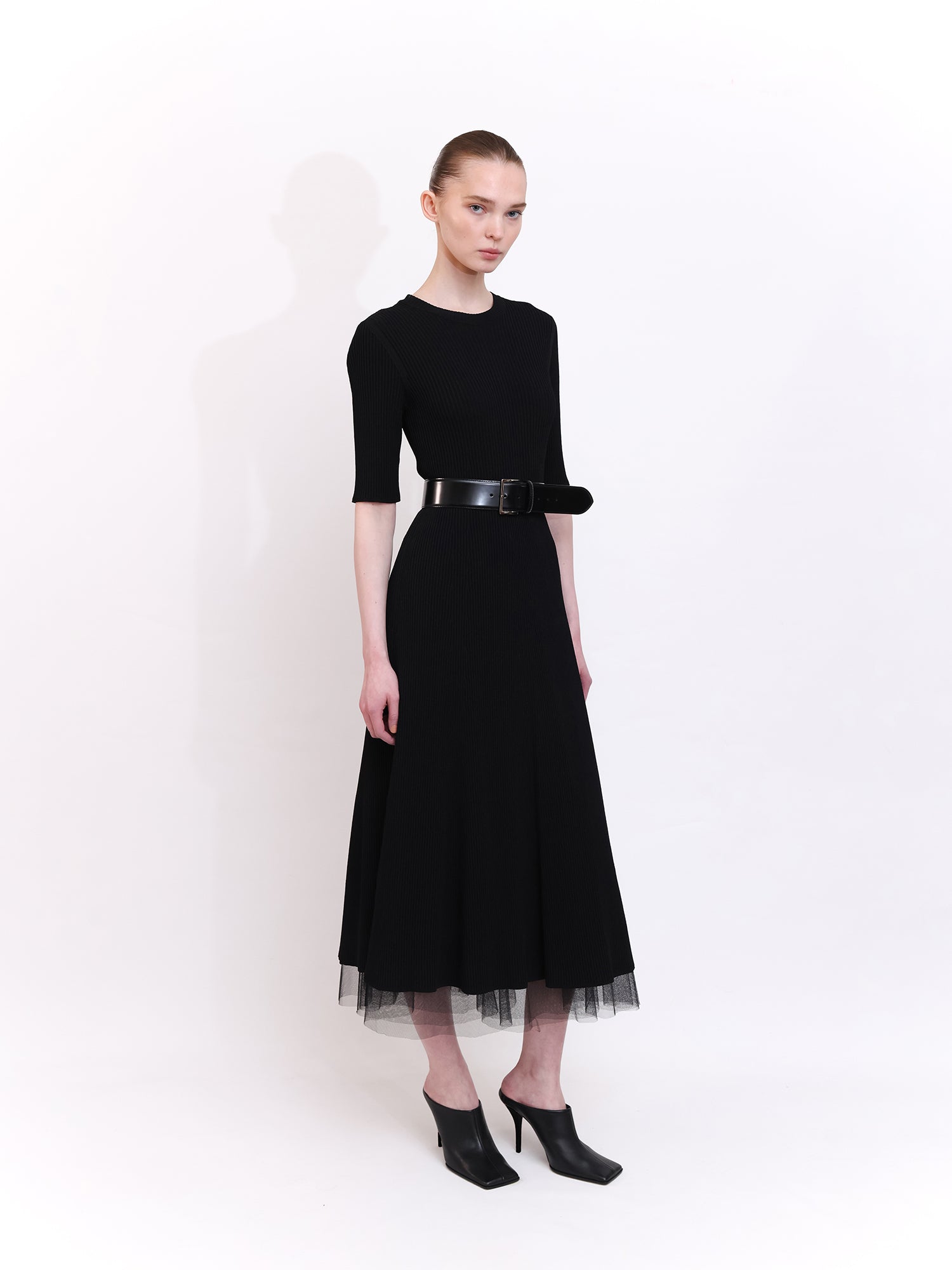 Soft Knit Midi Dress with Short Sleeves in Black