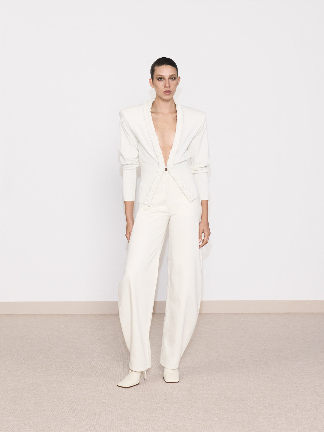 Soft Knit Cardigan With Braid Trim in Ecru