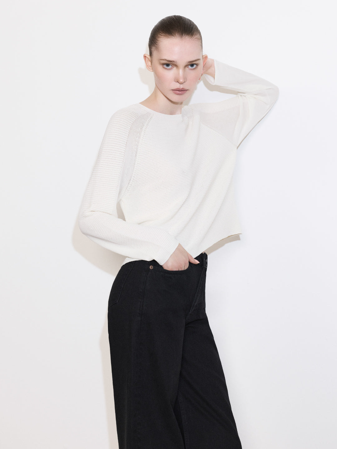 Soft Knit Top with Raglan Cut Sleeve in Ecru