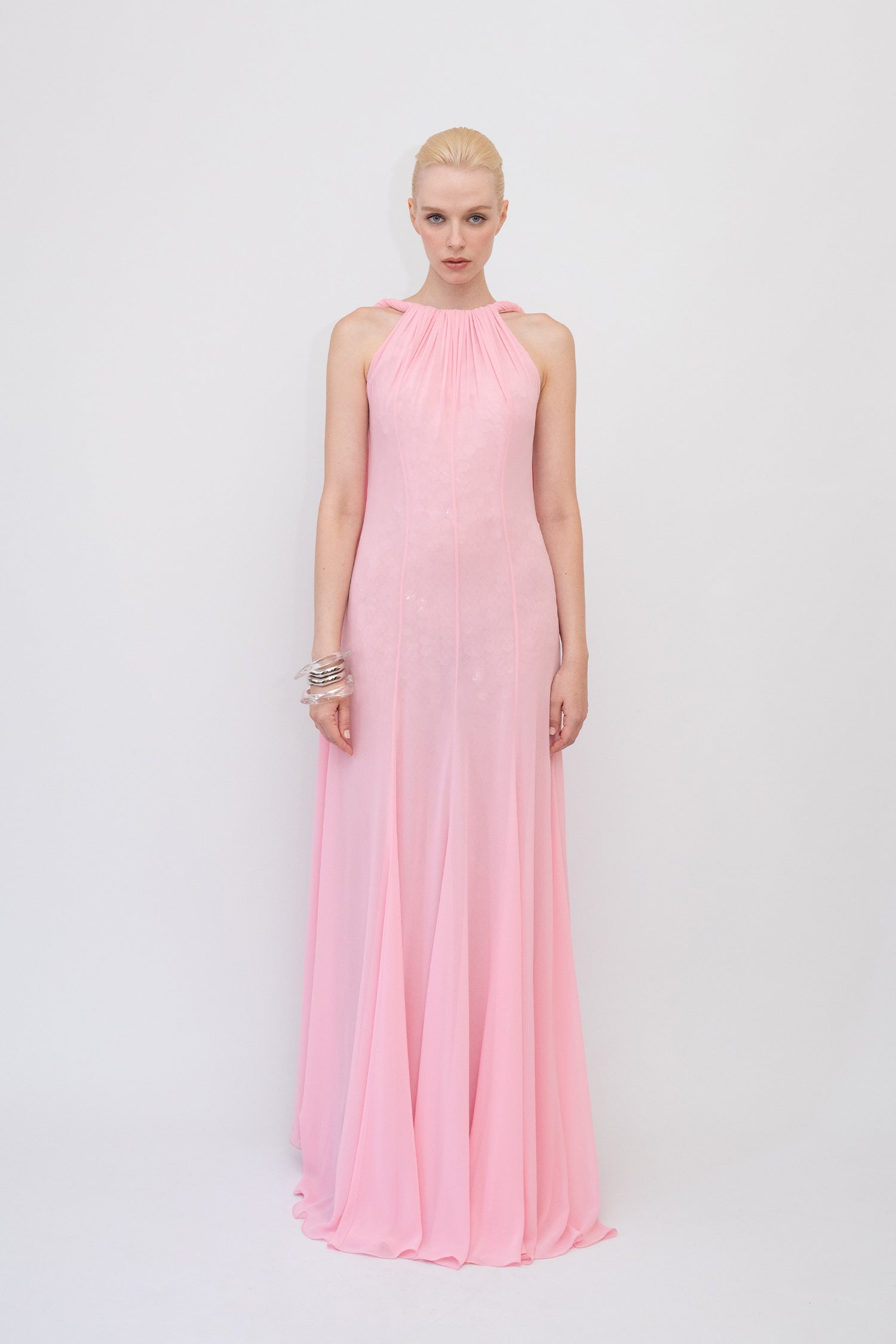 Chiffon and Transparent Mesh Sequin Layer Gown with Floor-Length