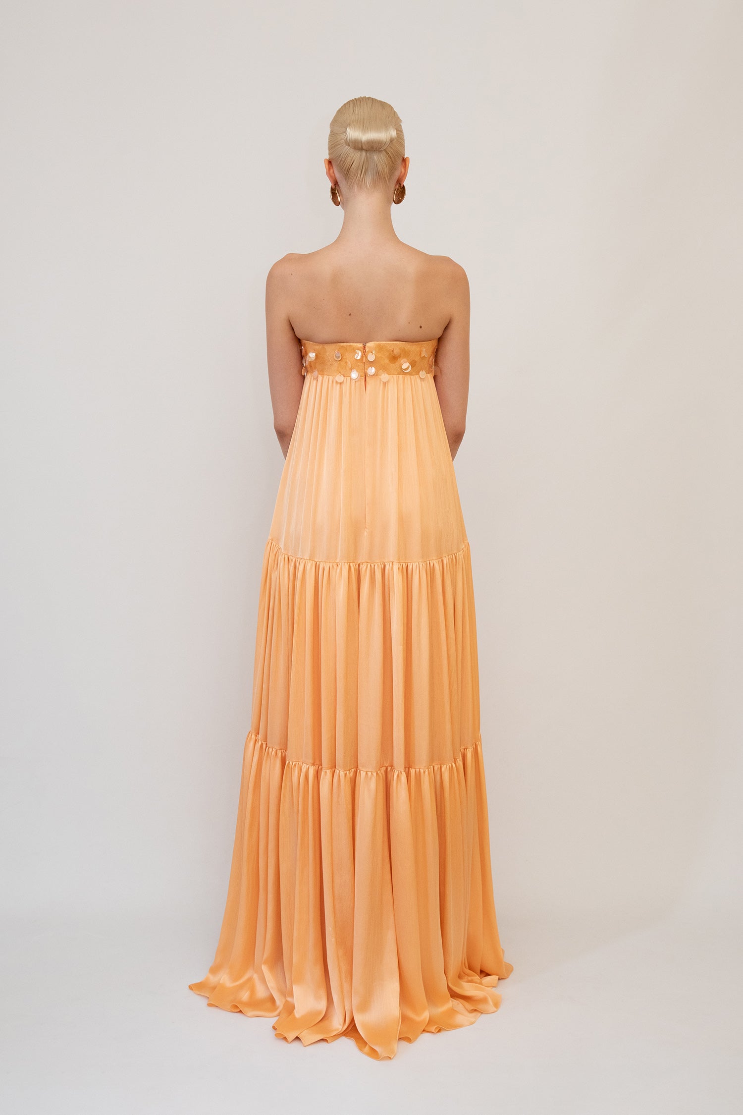 Chiffon  Floss, Strapless Dress with Wide Cut  Sequin Fitted from Bust