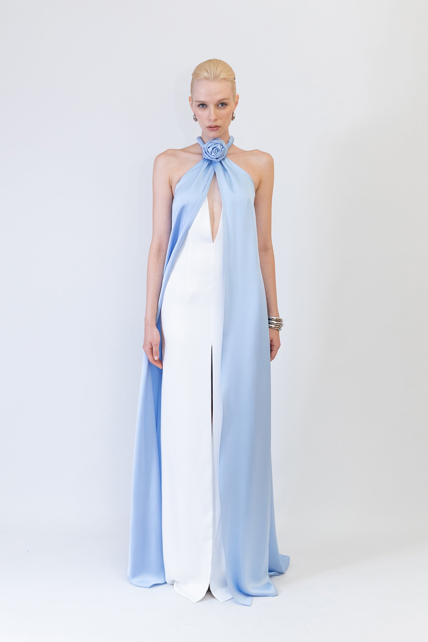 Crepe Two Layer Gown with Tie Neck Draped Strap