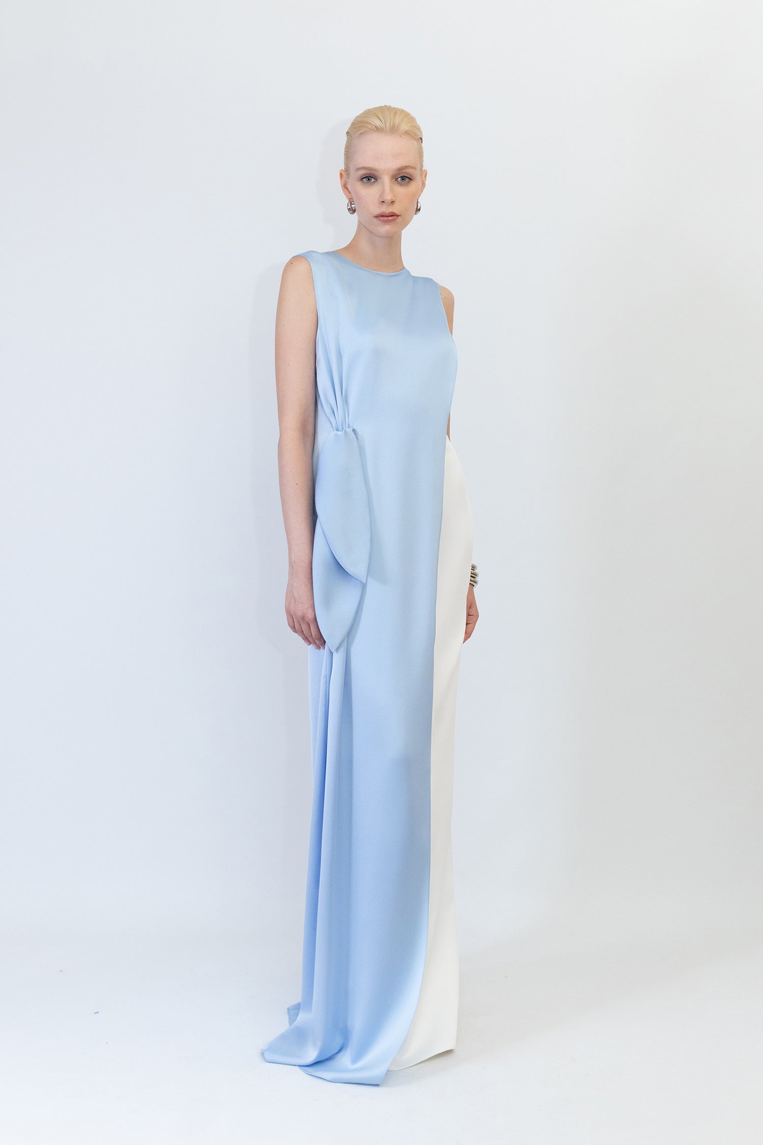 Crepe Two Layered Dress with Asymmetric Cut and Knot Detail from One Side