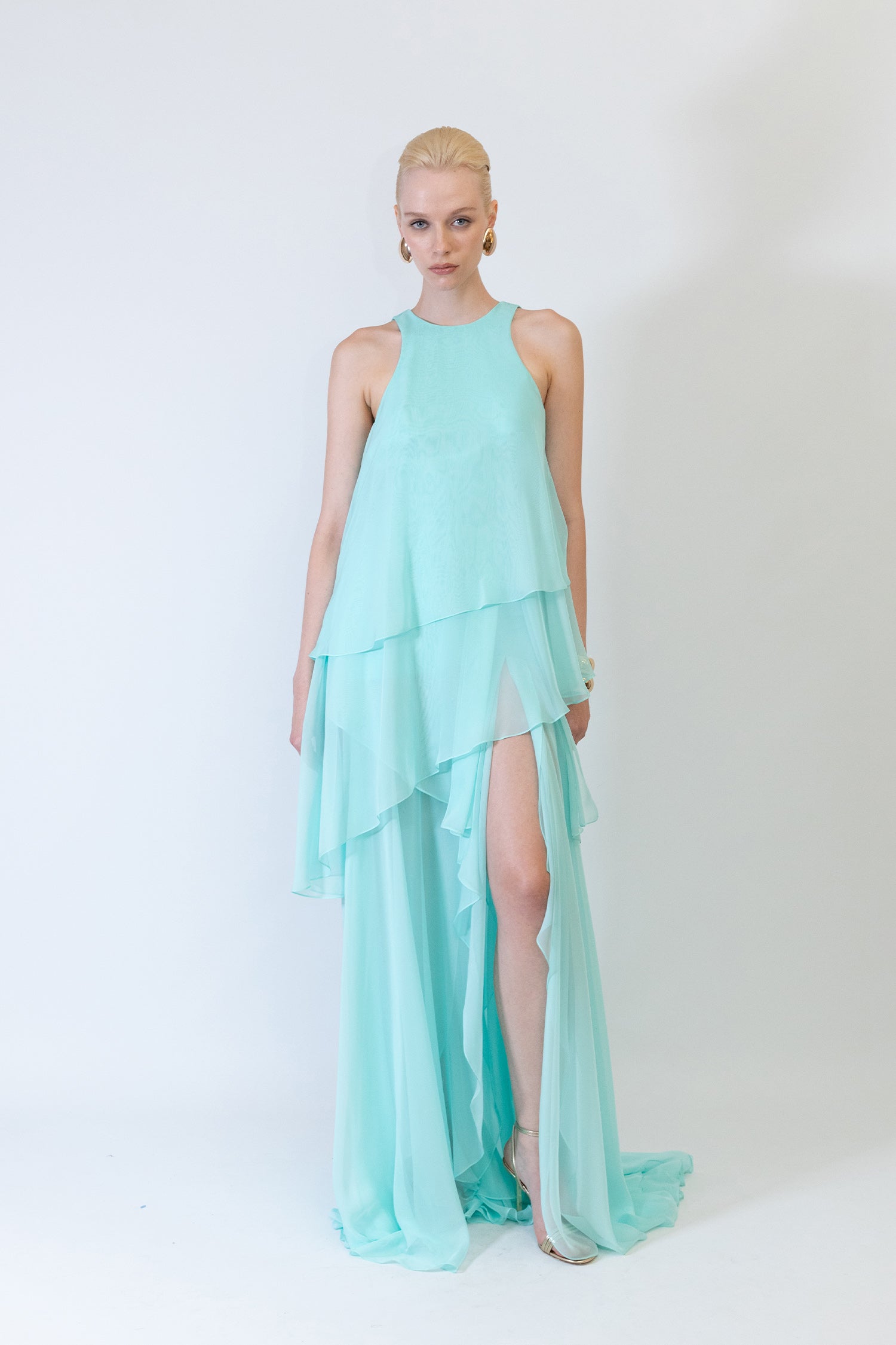 Asymmetrical Wide-Cut Chiffon Dress with Layered Design