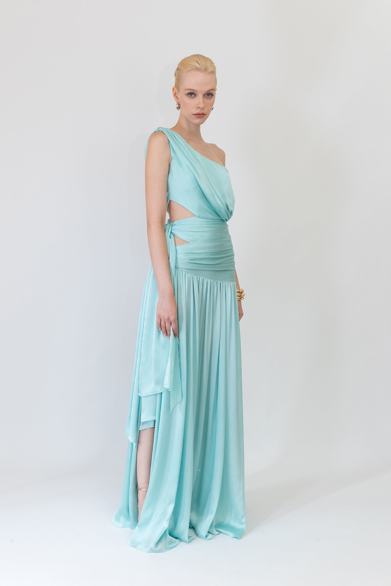 Satin Dress with Side Cut-Out, Asymmetrical Neck, and Bow Detail