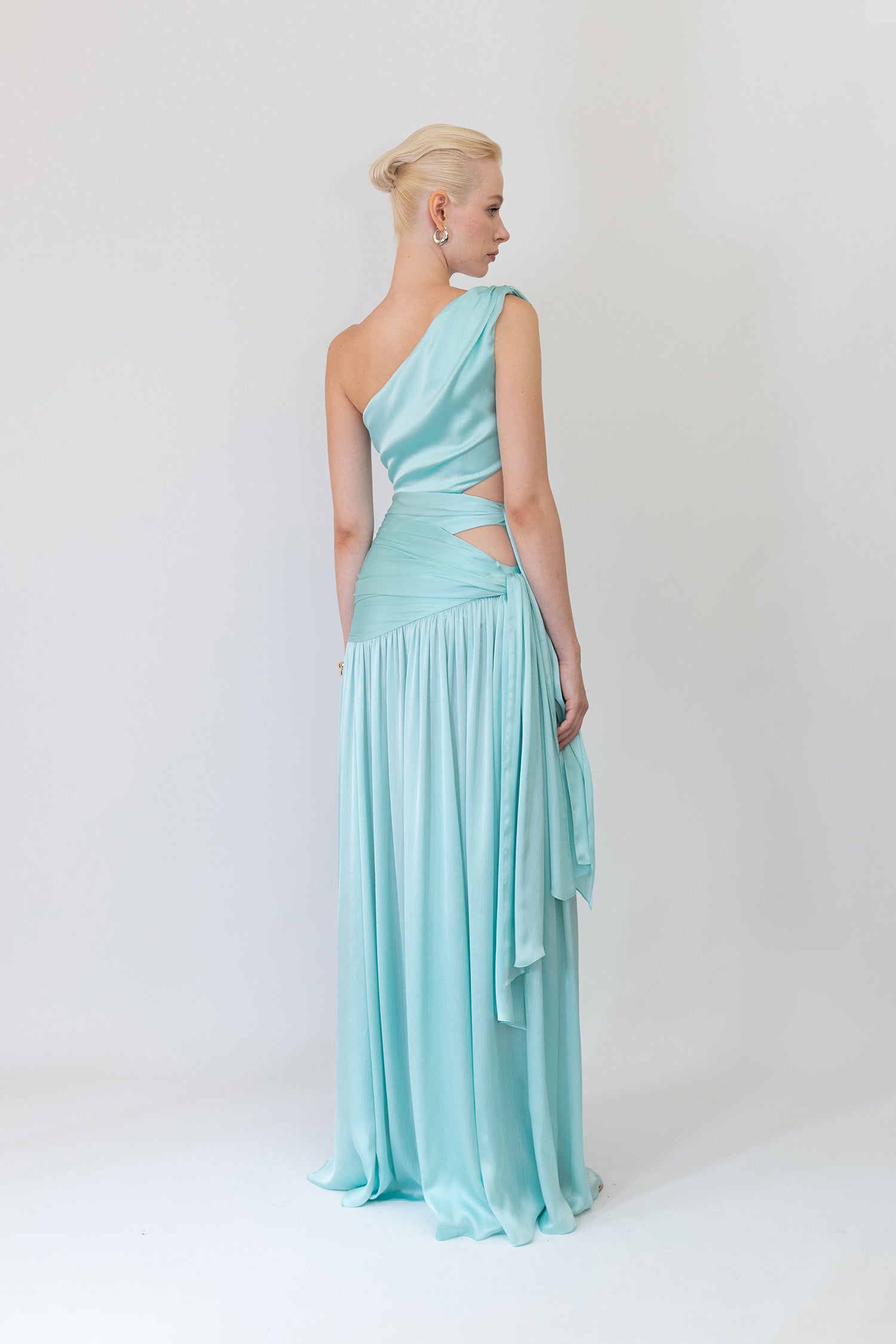 Satin Dress with Side Cut-Out, Asymmetrical Neck, and Bow Detail