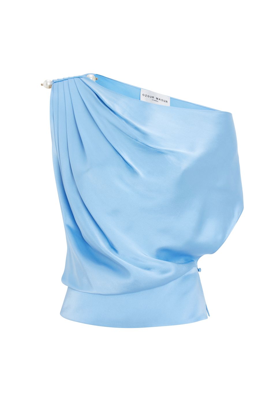 Asymmetric Shoulder Top With Pearl Accessory in Blue