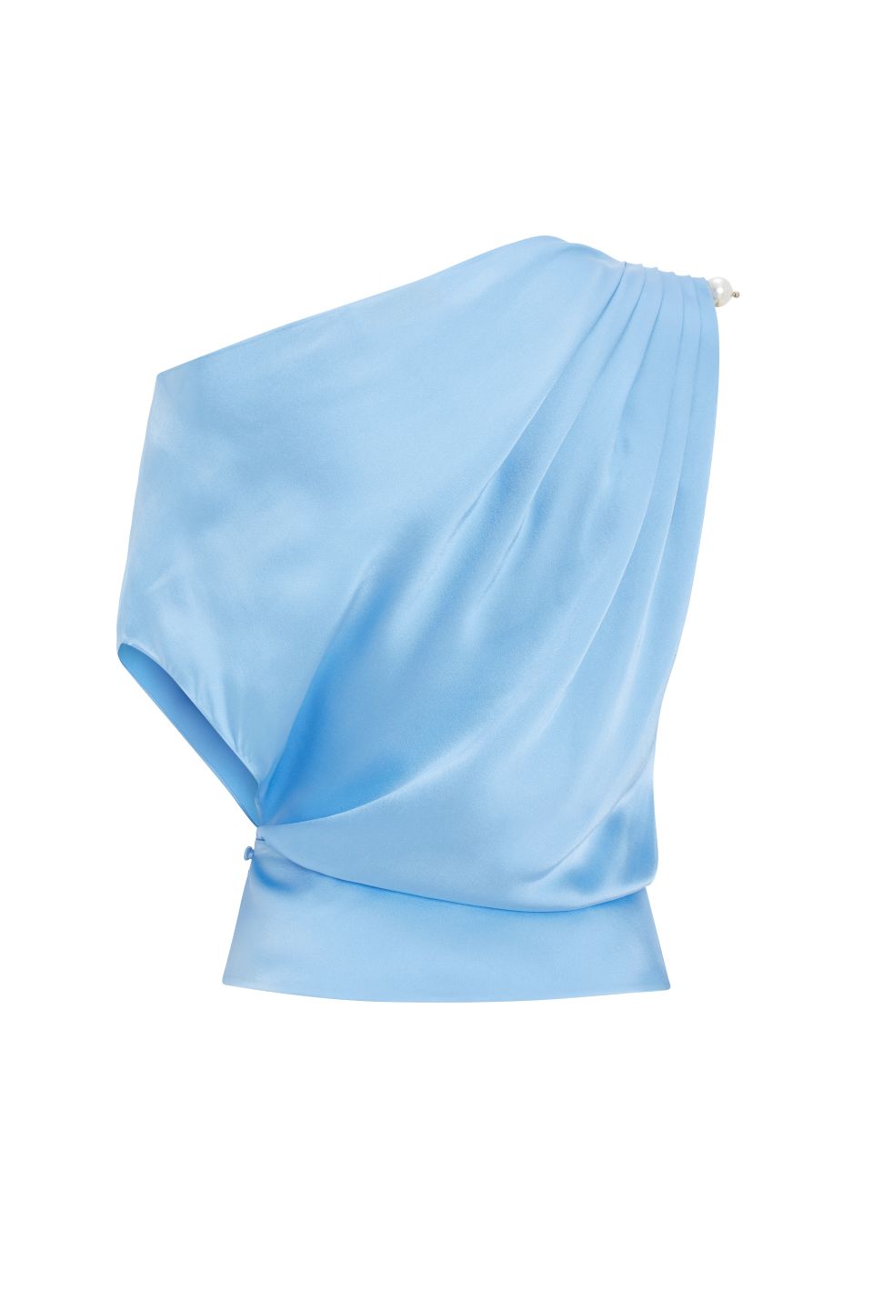 Asymmetric Shoulder Top With Pearl Accessory in Blue