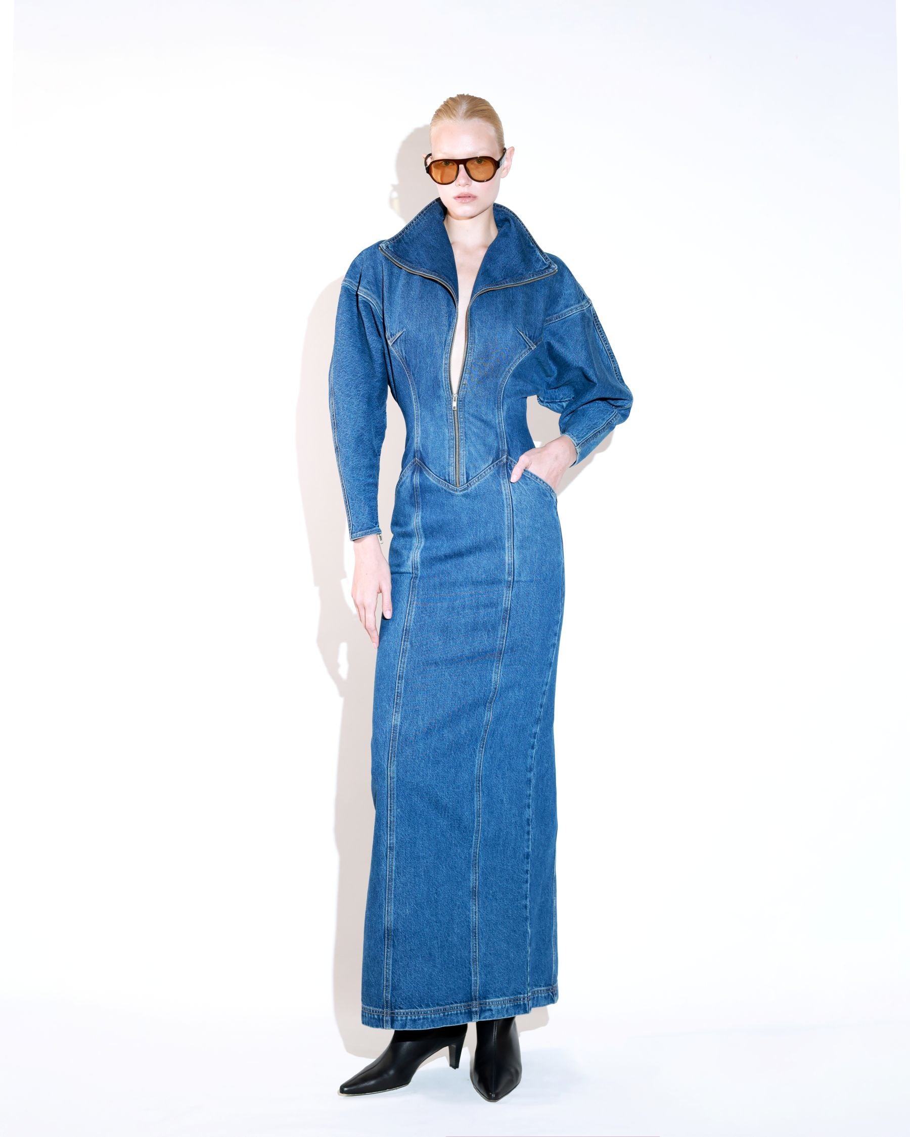 Long Zip-up Denim Maxi Dress