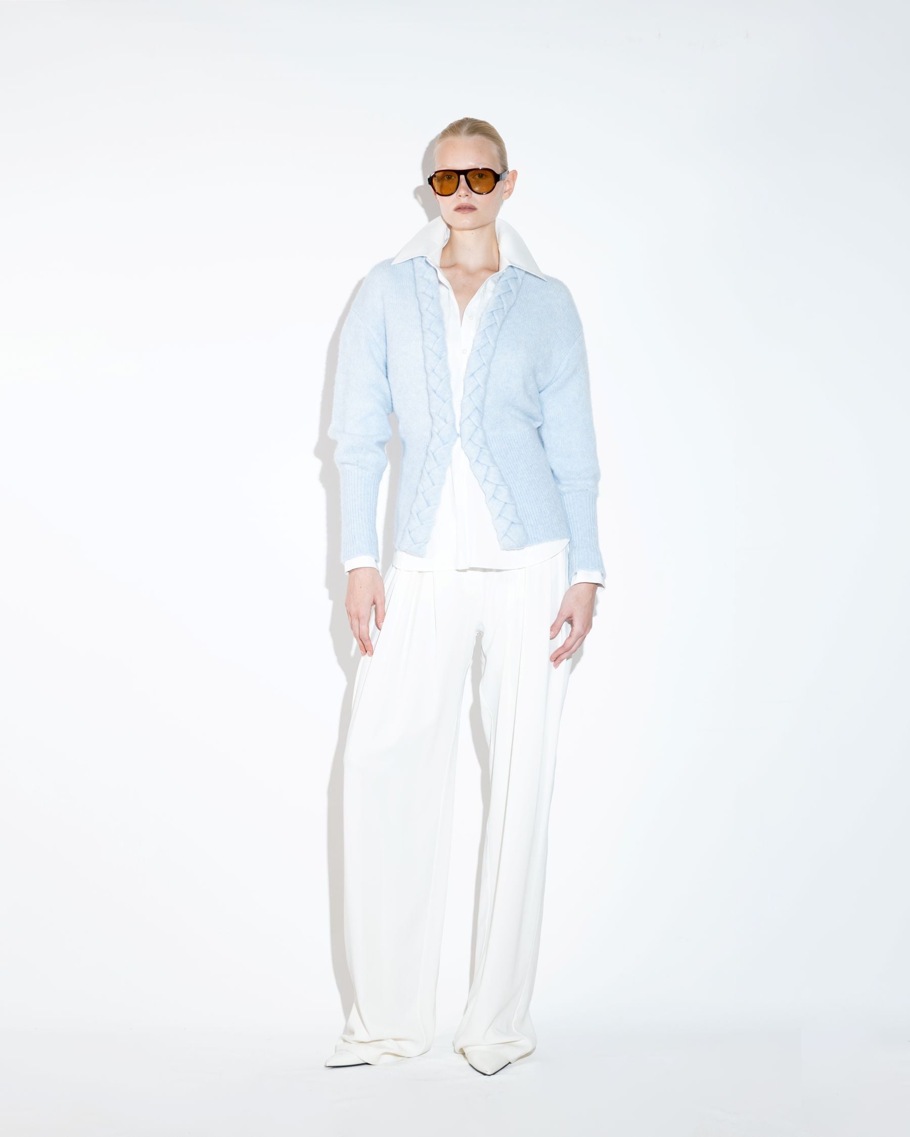 Ecru Wide-Leg Pleated Front Trousers