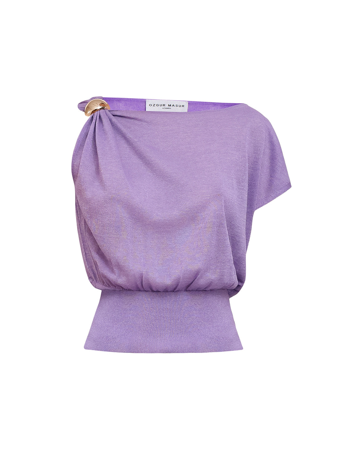 Soft Knit Top With Asymmetric Shoulder Accessory Detail in Purple