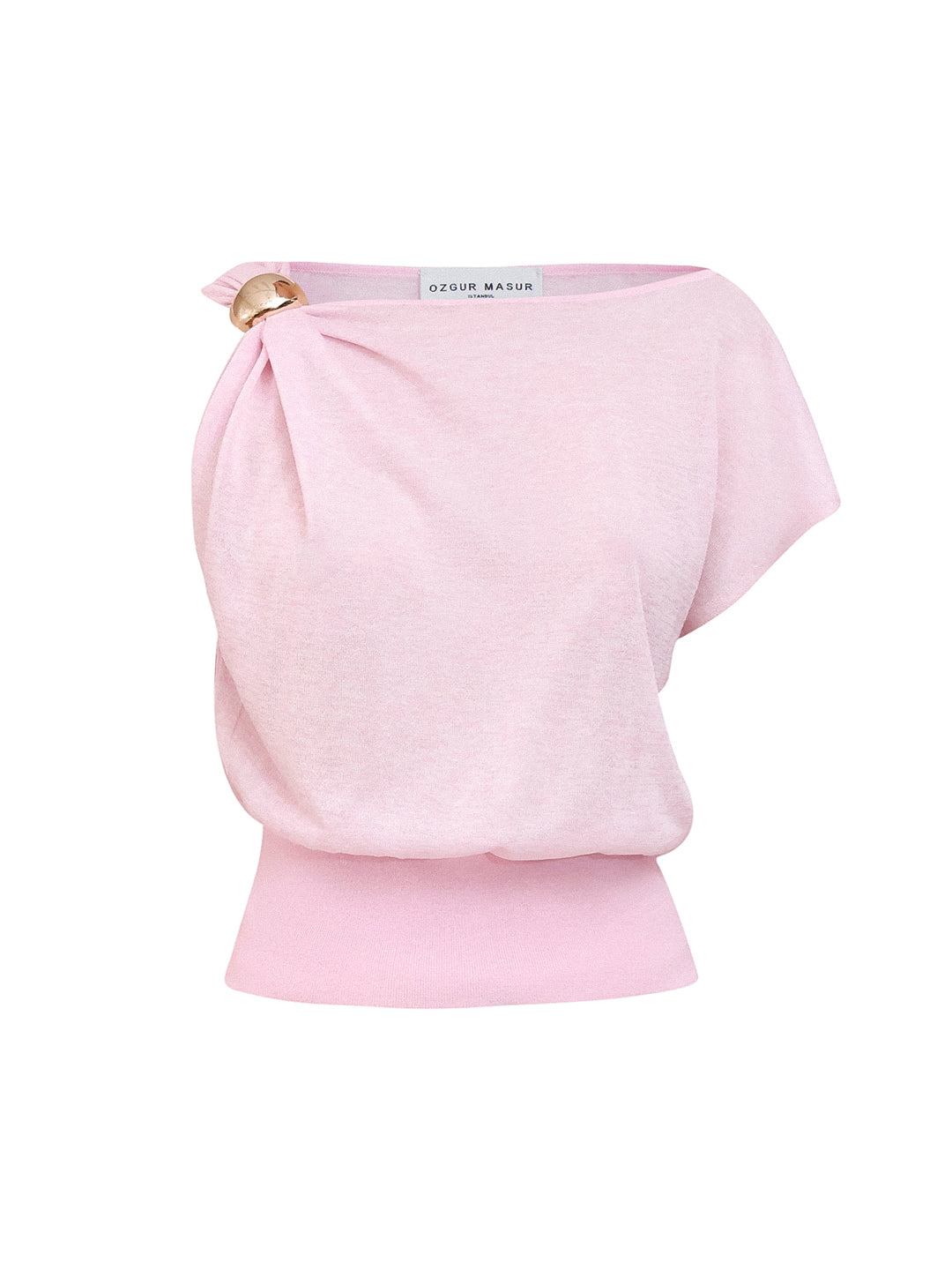 Soft Knit Top With Asymmetric Shoulder Accessory Detail in Pink